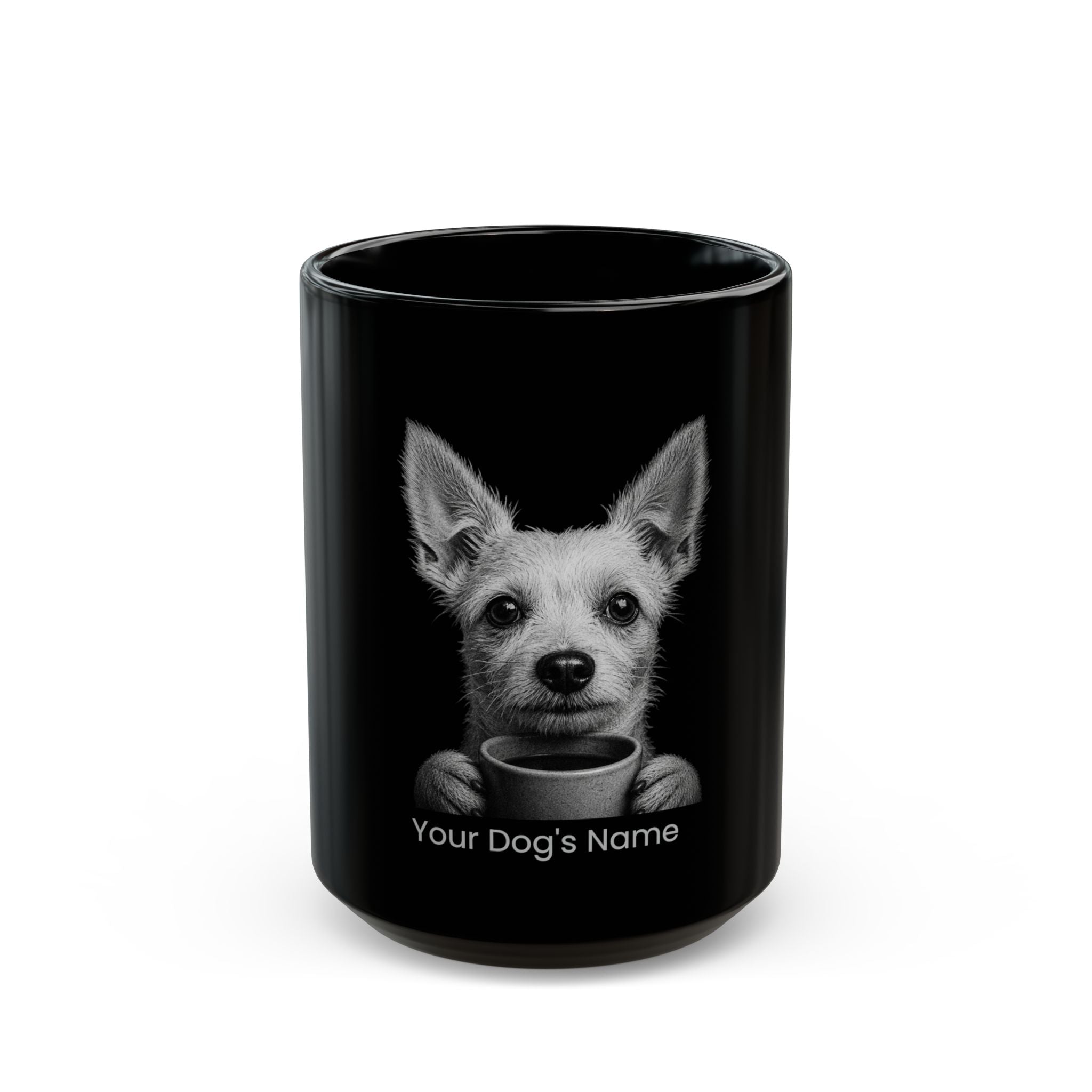Personalized Portuguese Podengo black ceramic coffee mug with custom dog name