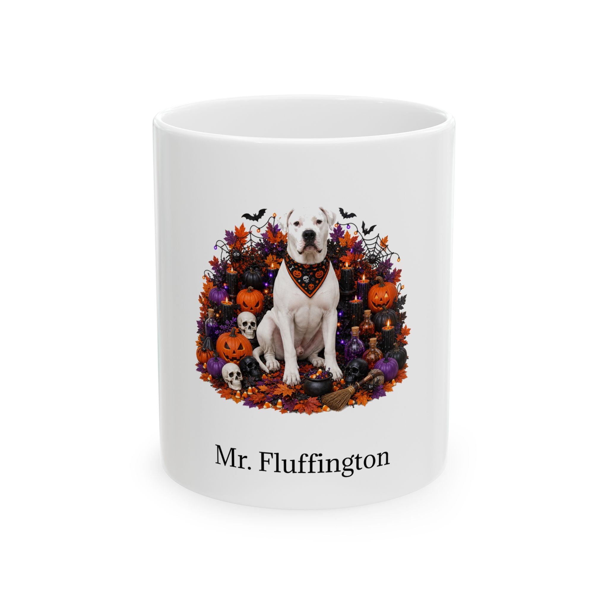 Personalized Dogo Argentino dog Halloween mug, 15oz white ceramic, with custom pet name on front