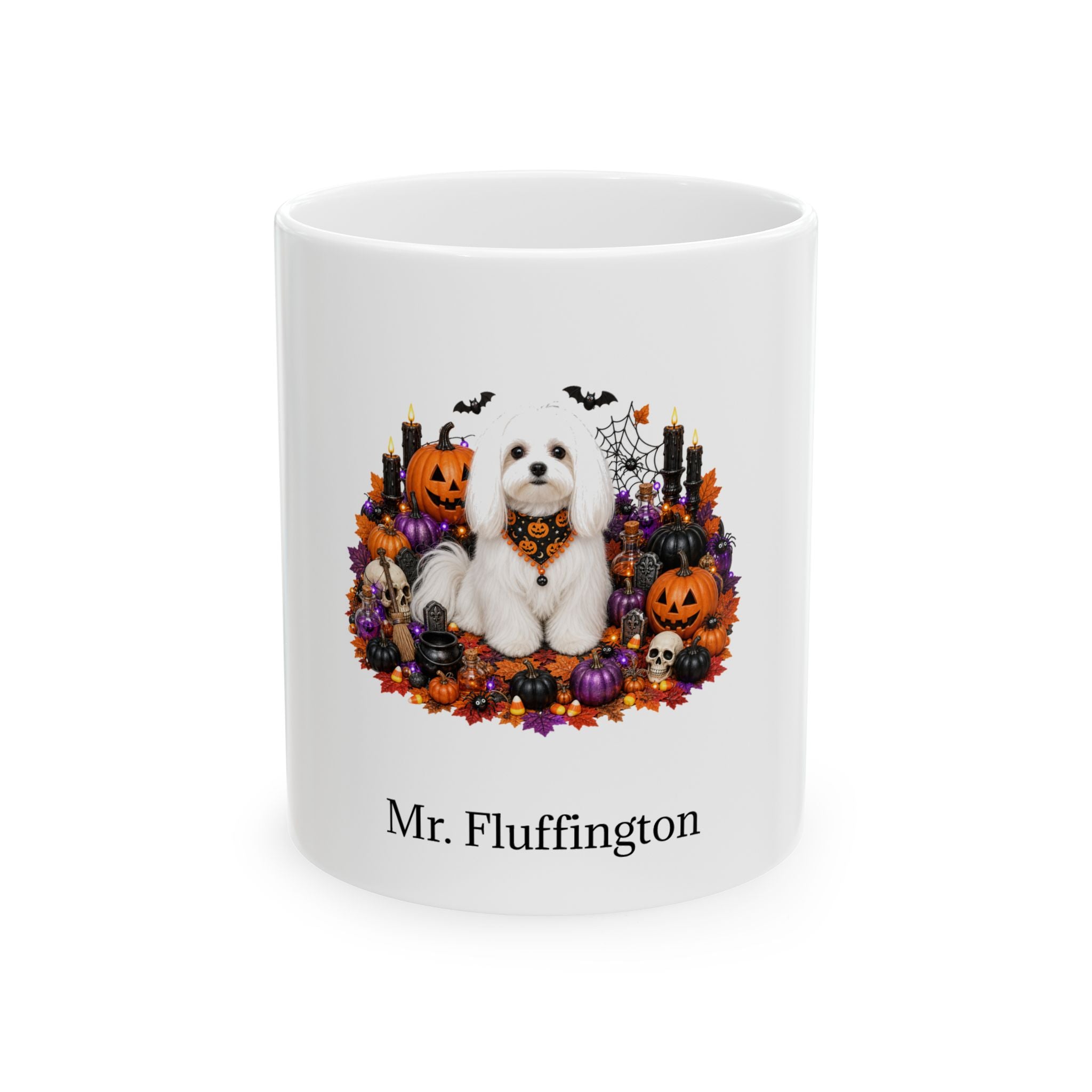 Personalized Maltese dog Halloween mug, 11oz white ceramic, with custom pet name on front