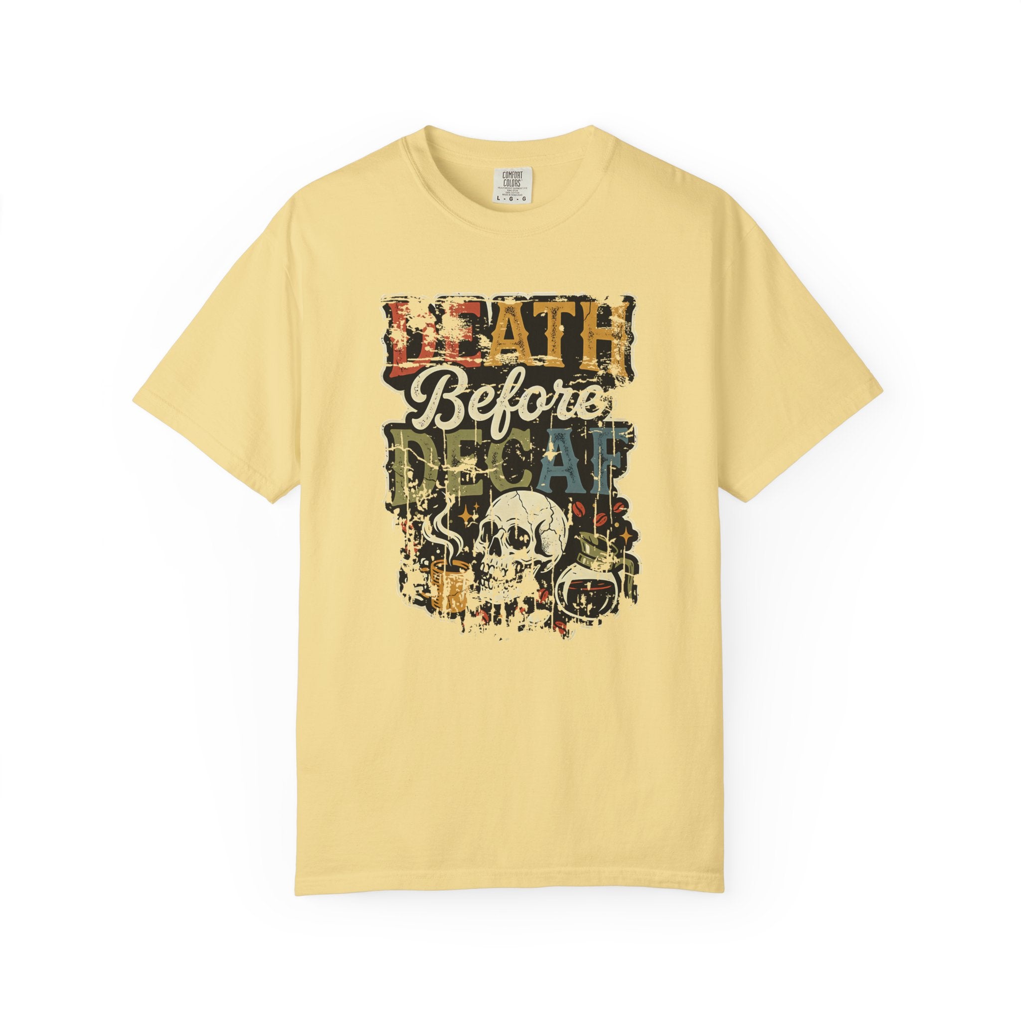 Light yellow unisex cotton t-shirt with a distressed Death Before Decaf graphic and skull design.