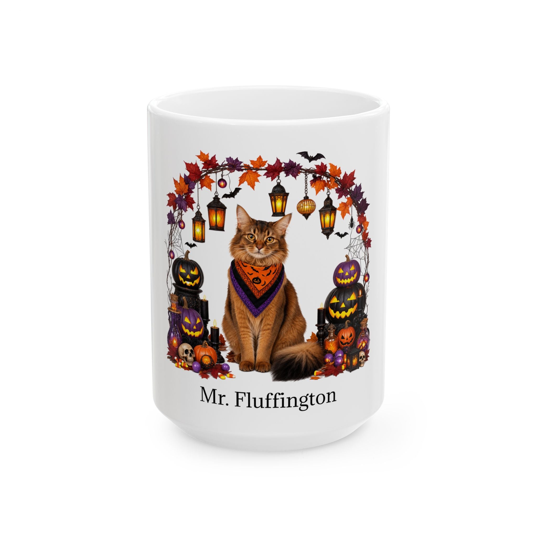 Angled Somali cat Halloween mug with personalized pet name and fall design — image 3