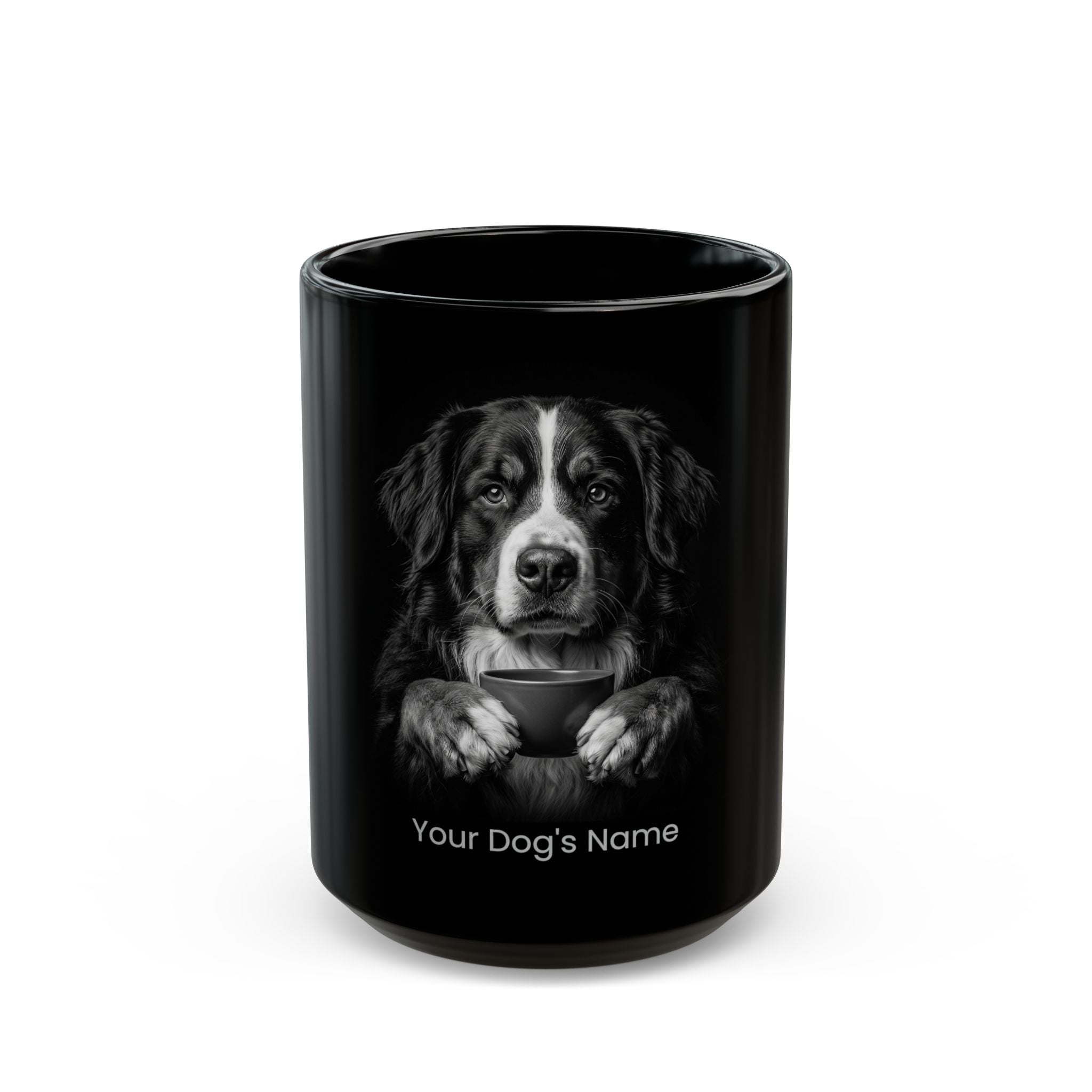Personalized Bernese Mountain Dog black ceramic coffee mug with custom dog name