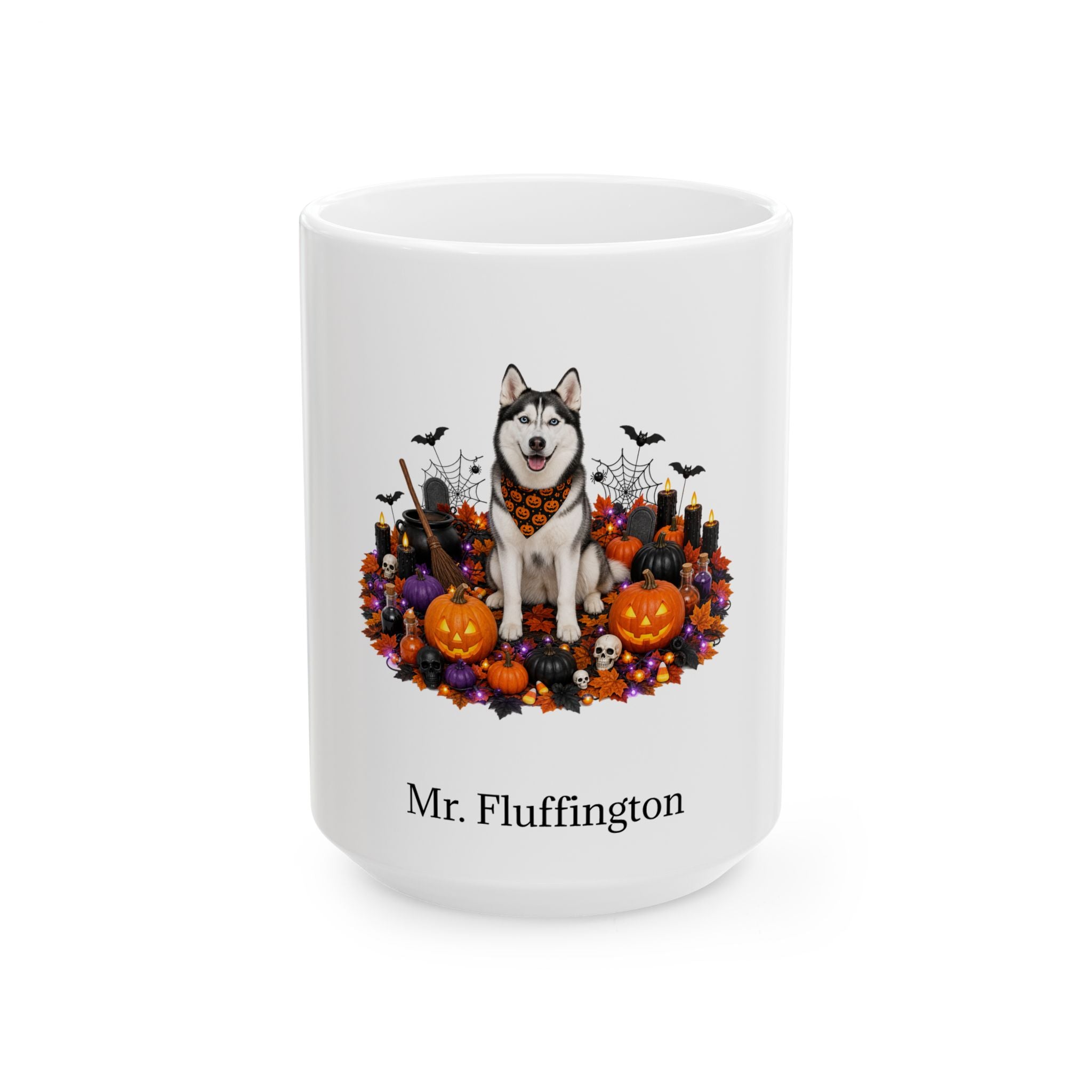 Personalized Siberian Husky dog Halloween mug, 15oz white ceramic, with custom pet name on front