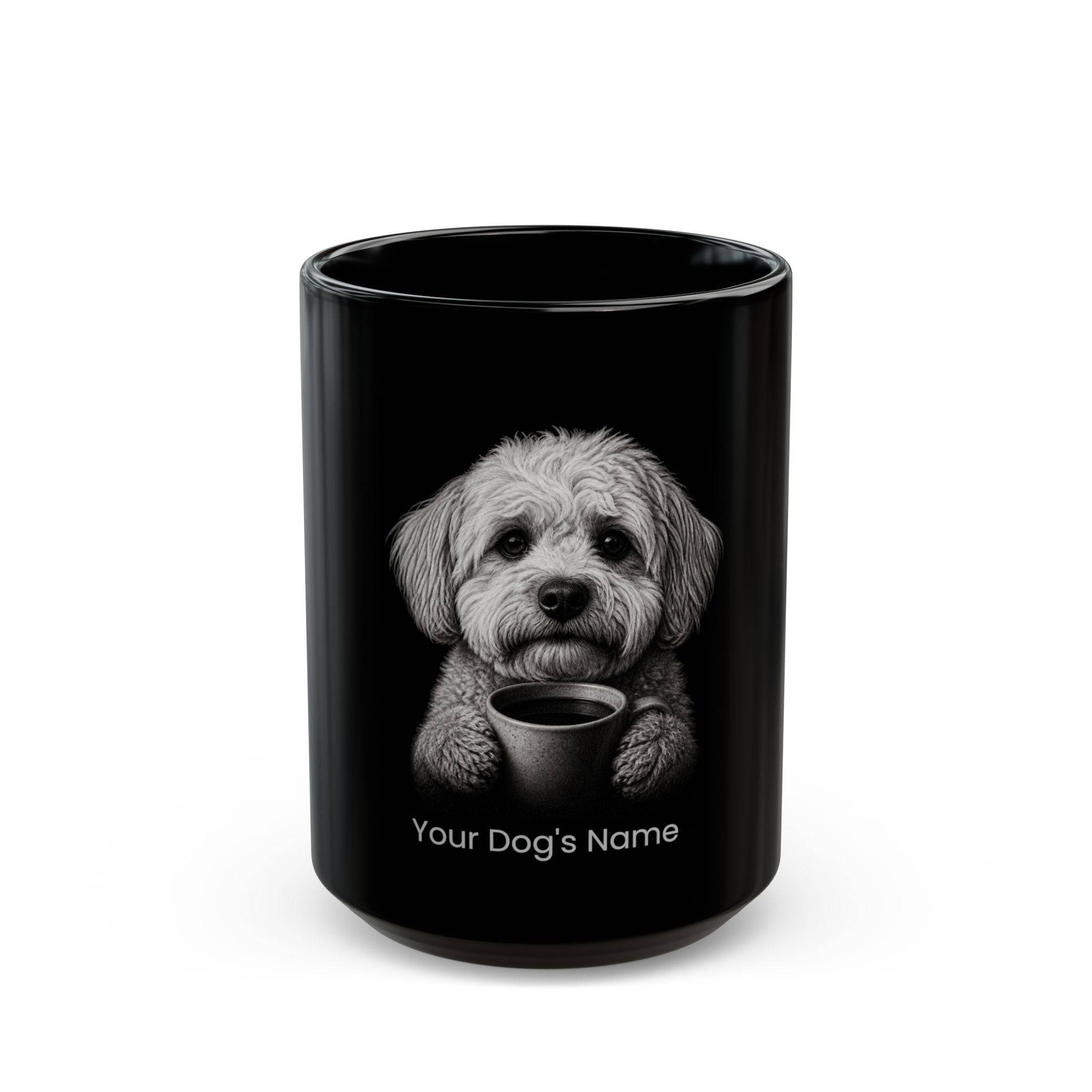 Personalized Maltipoo black ceramic coffee mug with custom dog name