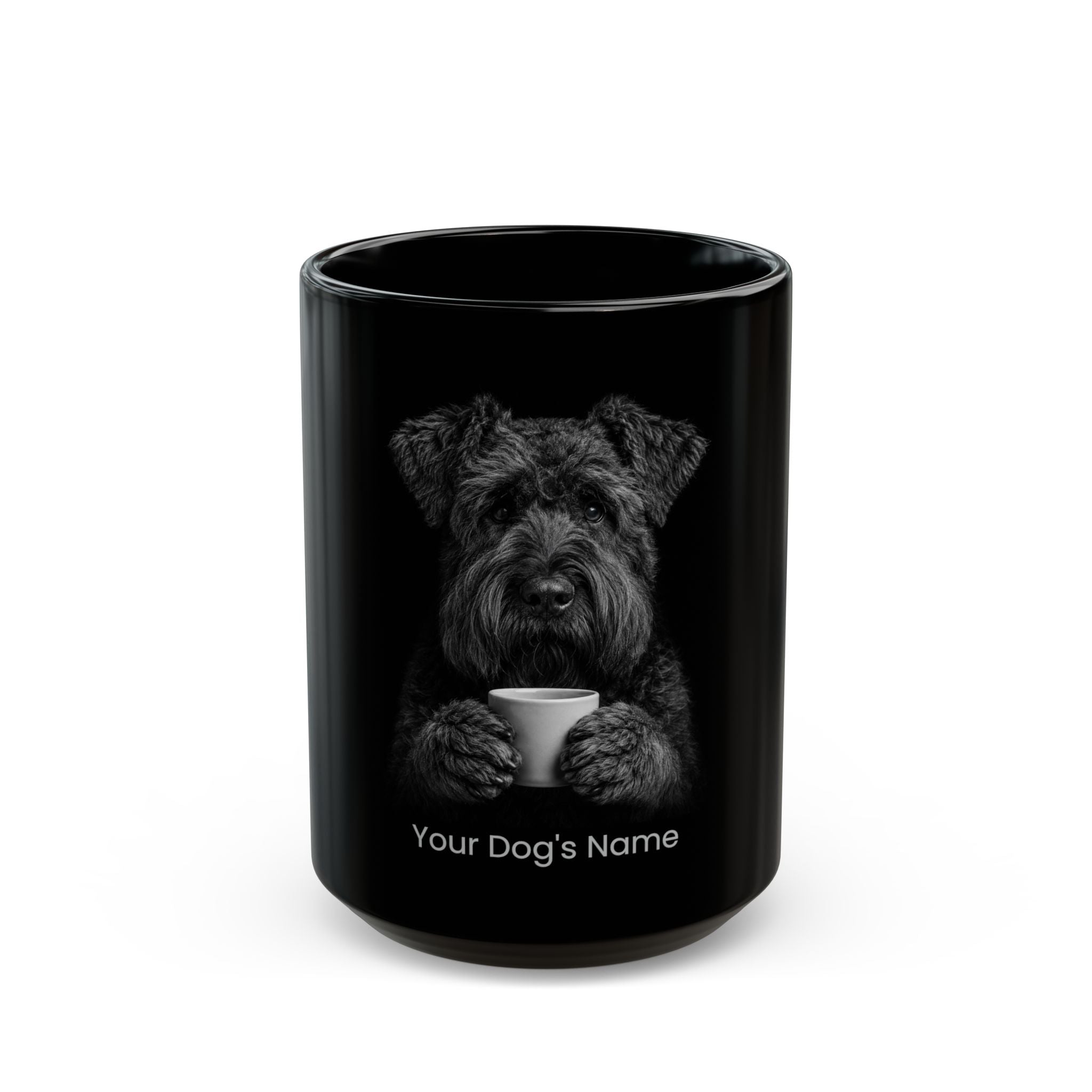 Personalized Bouvier des Flandres black ceramic coffee mug with custom dog name