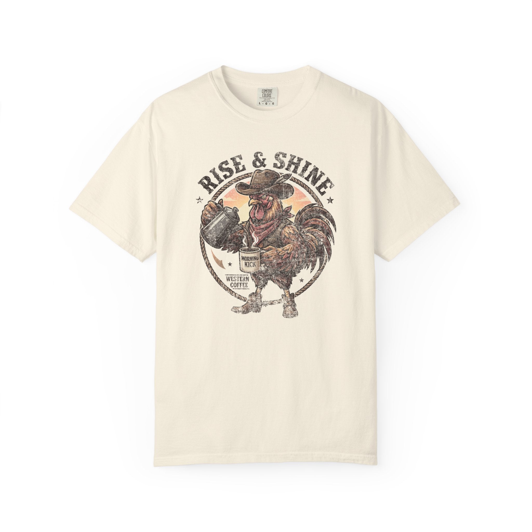 Cream-colored t-shirt featuring a vintage-style graphic of a rooster wearing a cowboy hat.