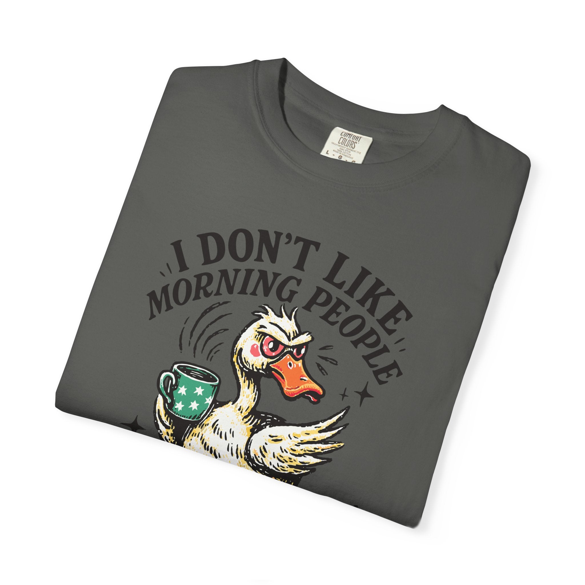 Dark grey t-shirt featuring a graphic of an angry duck holding a coffee mug.