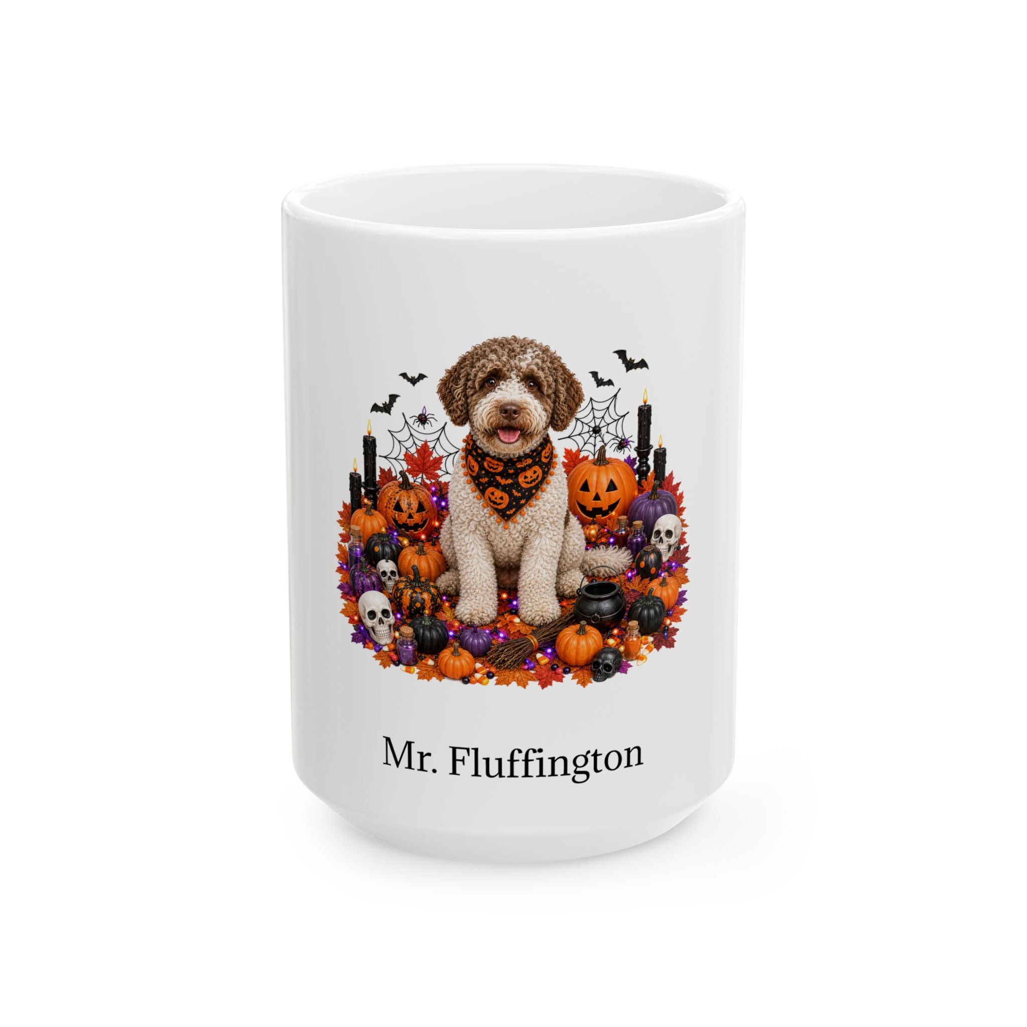 Personalized Lagotto Romagnolo dog Halloween mug, 15oz white ceramic, with custom pet name on front