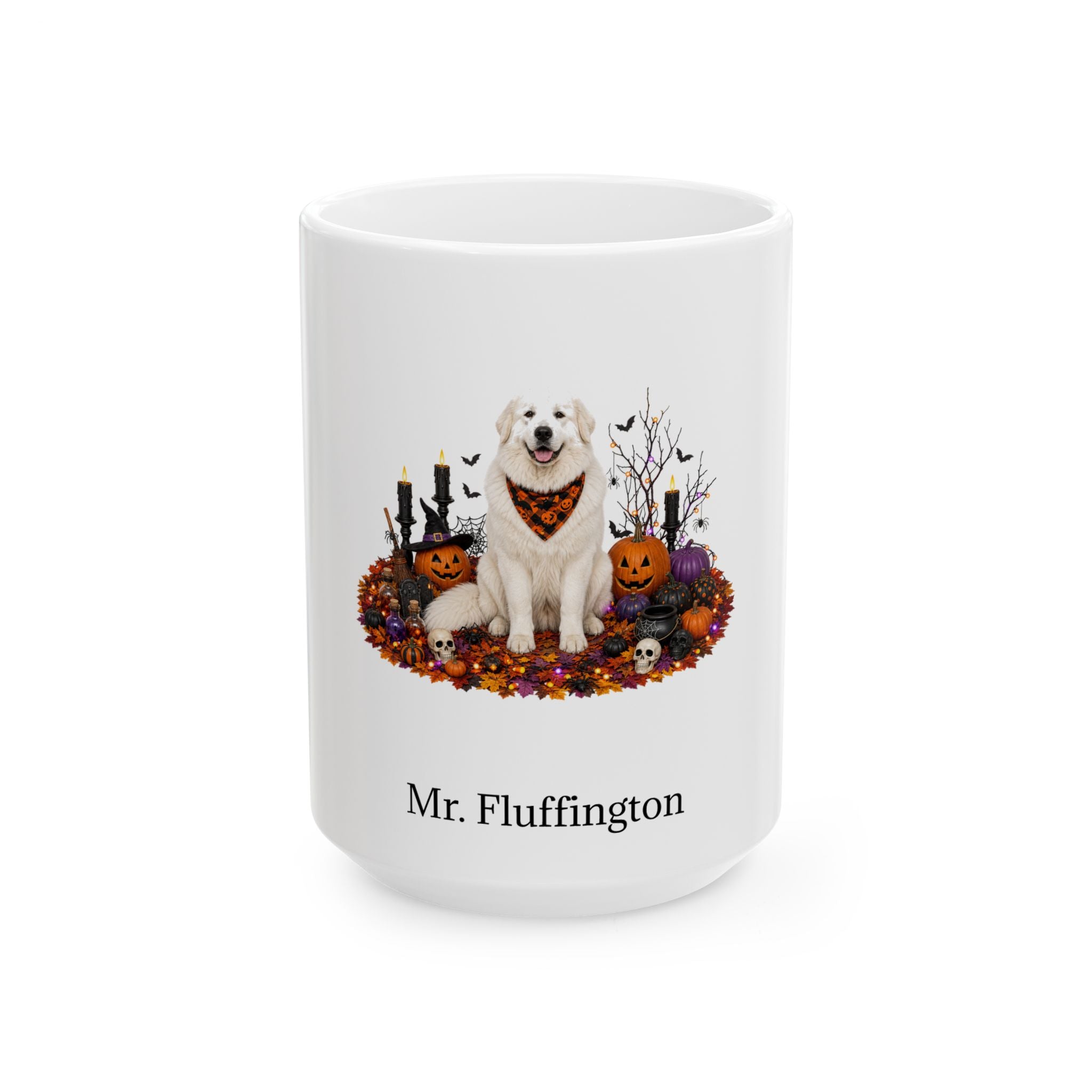 Personalized Great Pyrenees dog Halloween mug, 15oz white ceramic, with custom pet name on front