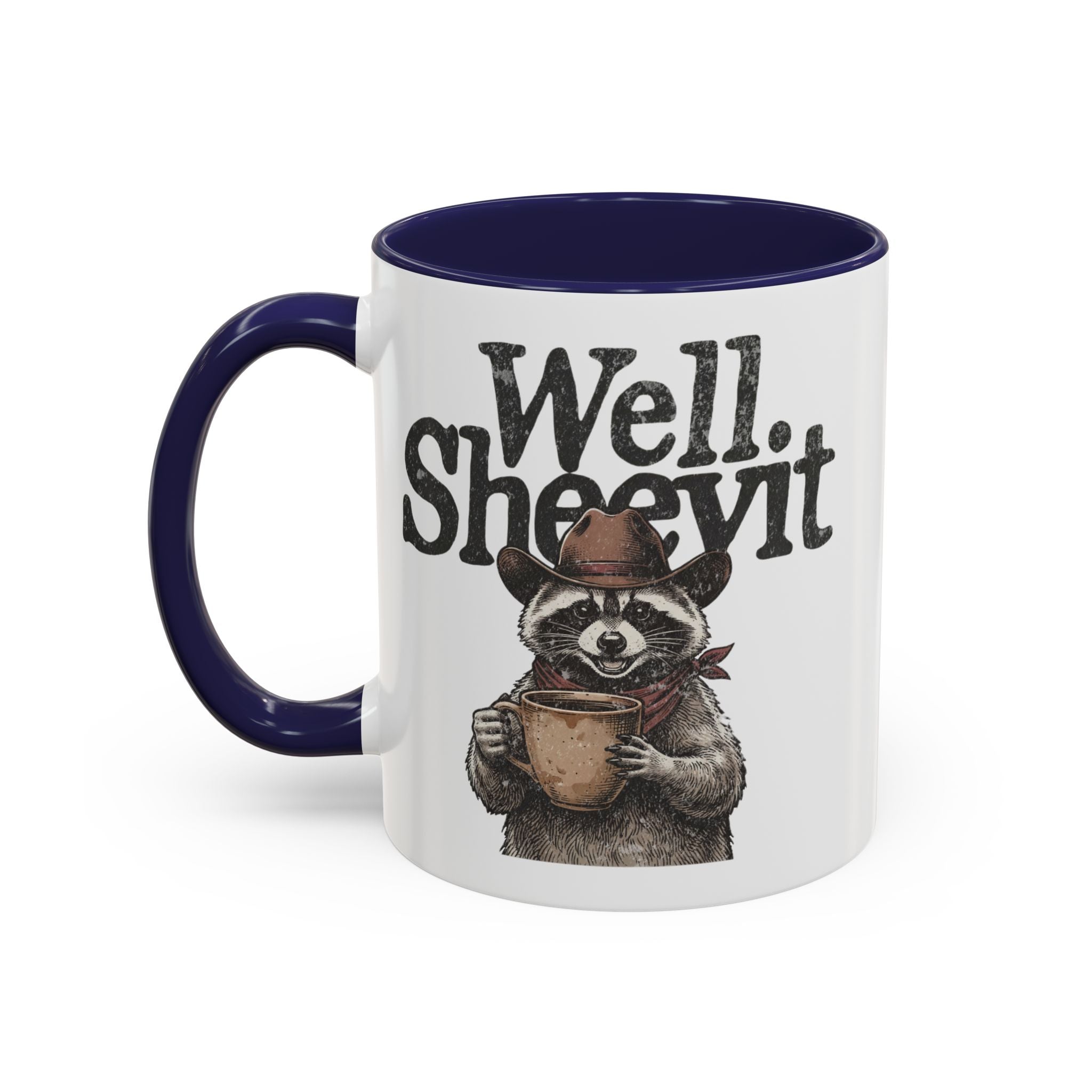 White ceramic mug with a blue handle and rim featuring a raccoon in a cowboy hat holding a mug.