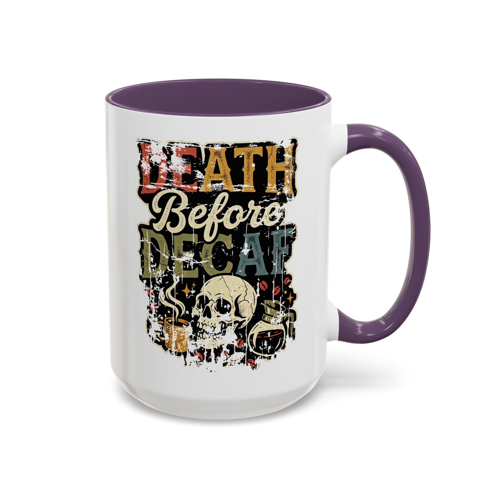 White ceramic coffee mug with a purple handle and a retro Death Before Decaf skull graphic.