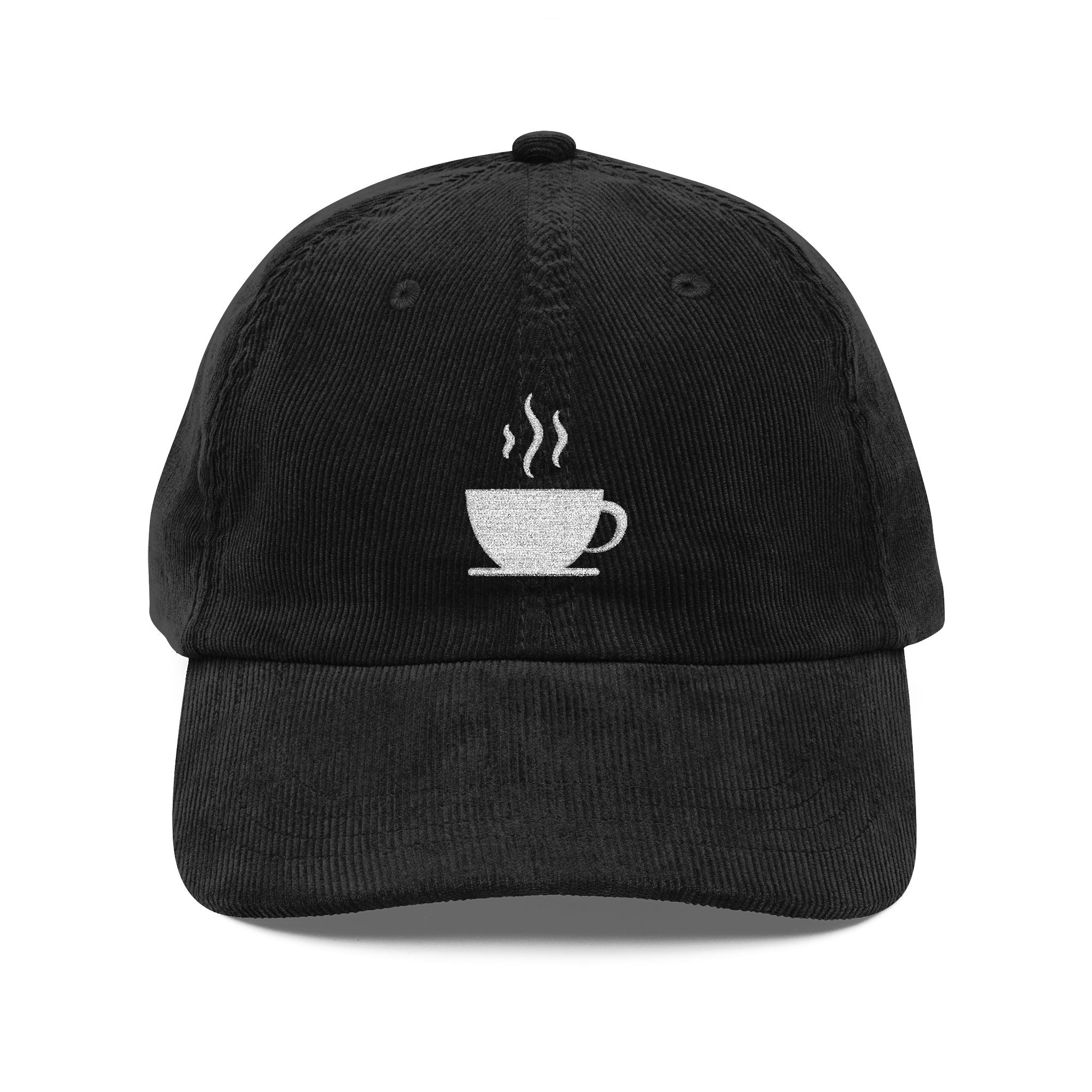 A black corduroy dad hat featuring minimalist white embroidery of a steaming coffee cup.