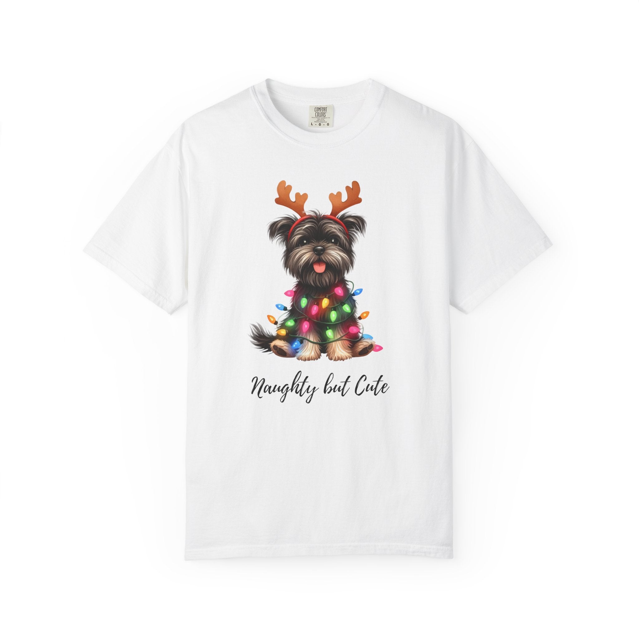 White Comfort Colors unisex t-shirt featuring a Yorkie wearing reindeer antlers and Christmas lights.