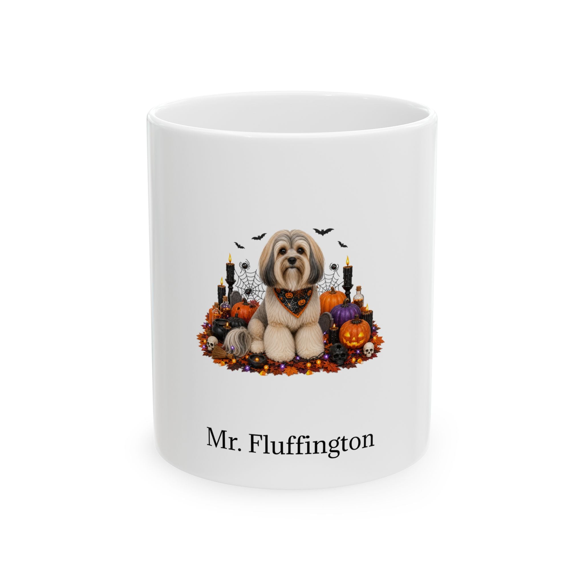 Personalized Lowchen dog Halloween mug, 11oz white ceramic, with custom pet name on front
