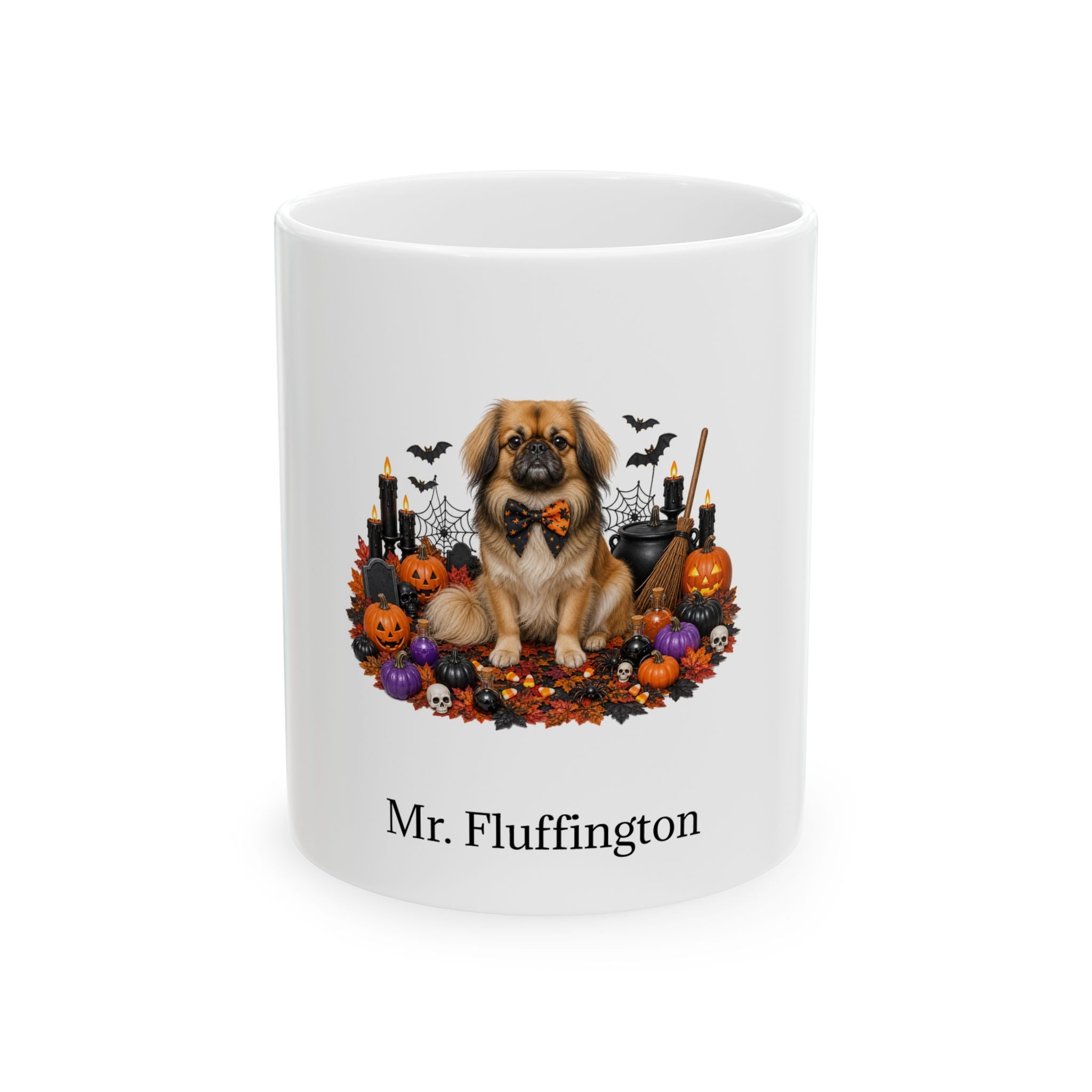 Personalized Tibetan Spaniel dog Halloween mug, 11oz white ceramic, with custom pet name on front