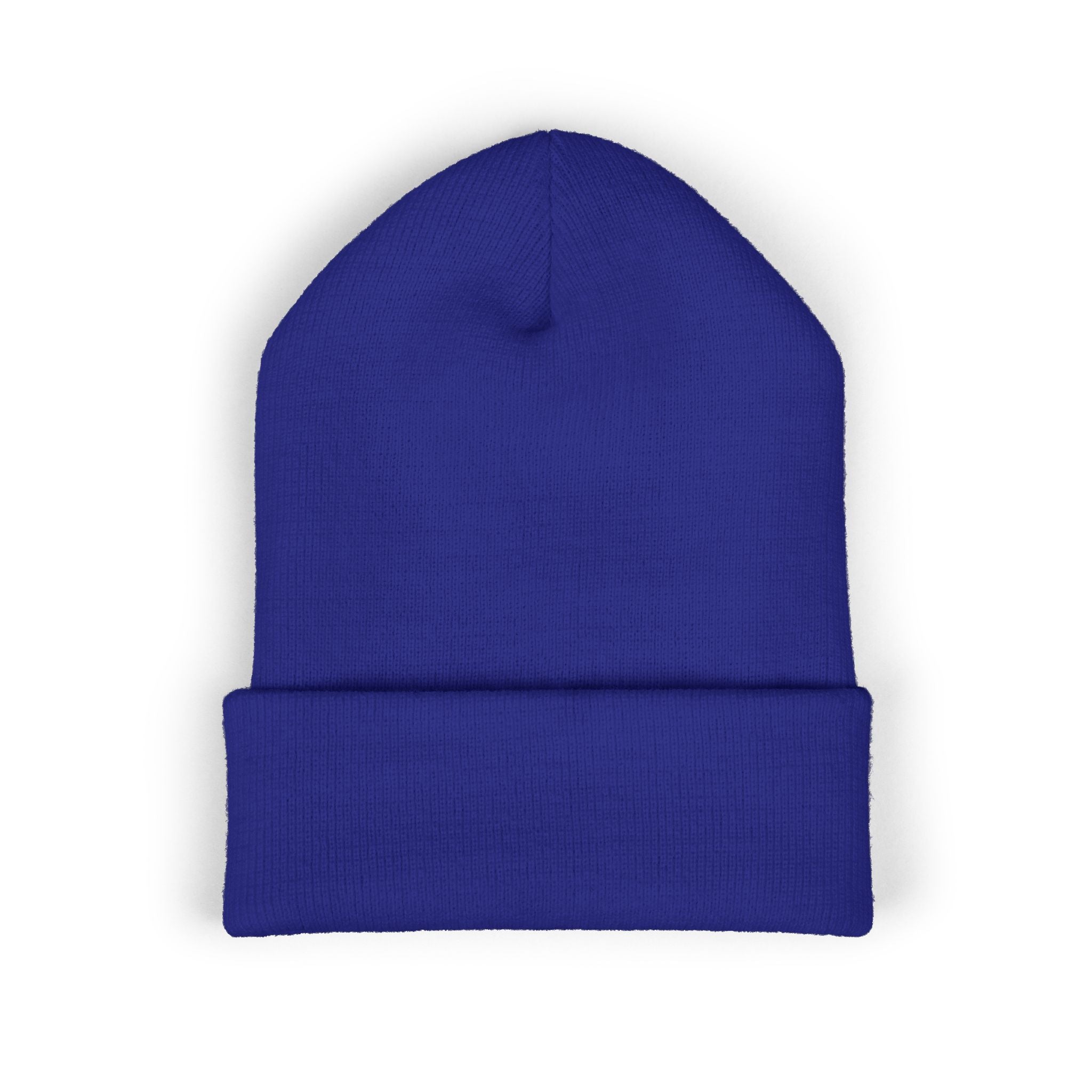 A blue cuffed knit beanie with an embroidered "COFFEE" detail.