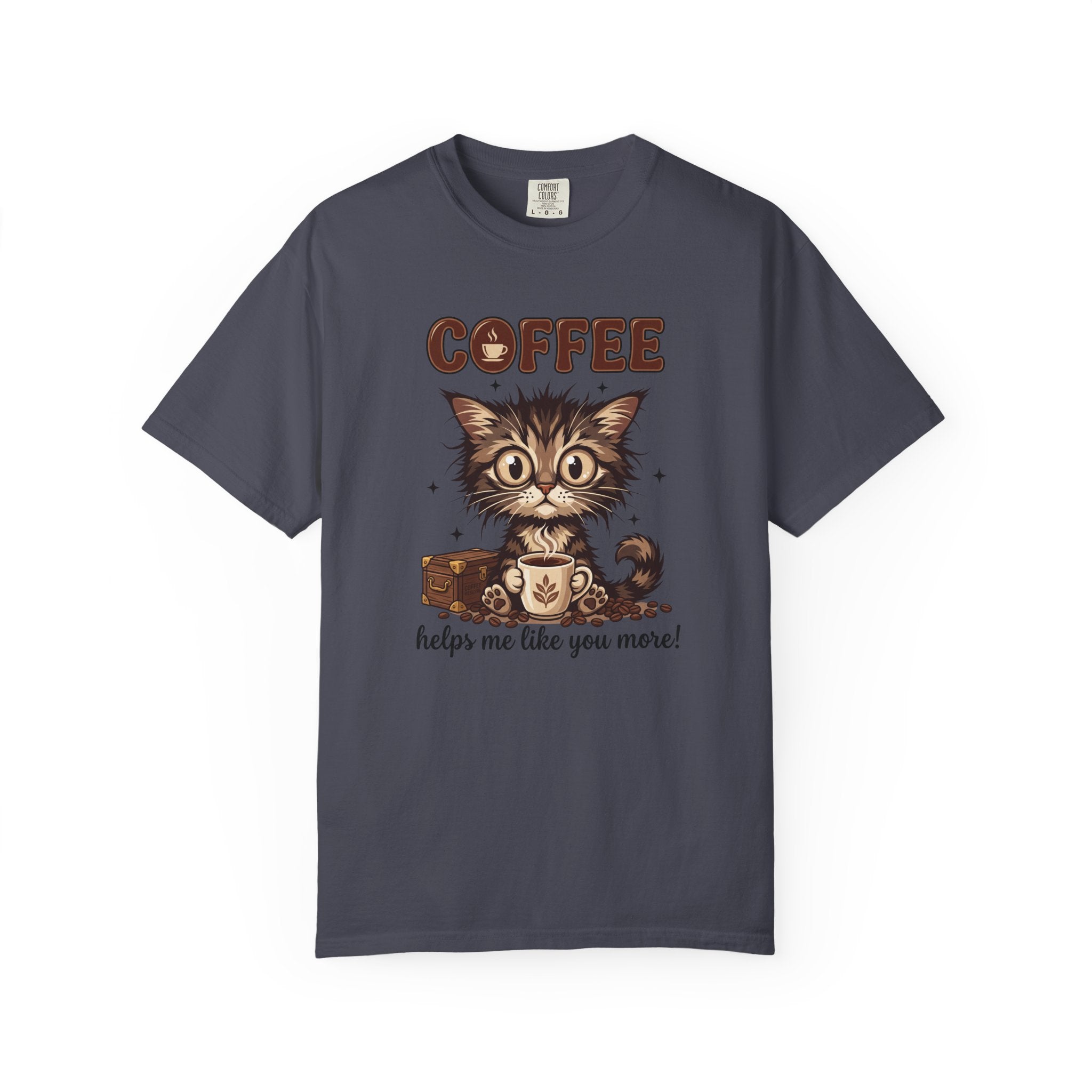 Dark grey unisex t-shirt featuring a cute kitten holding a coffee mug with text about coffee.