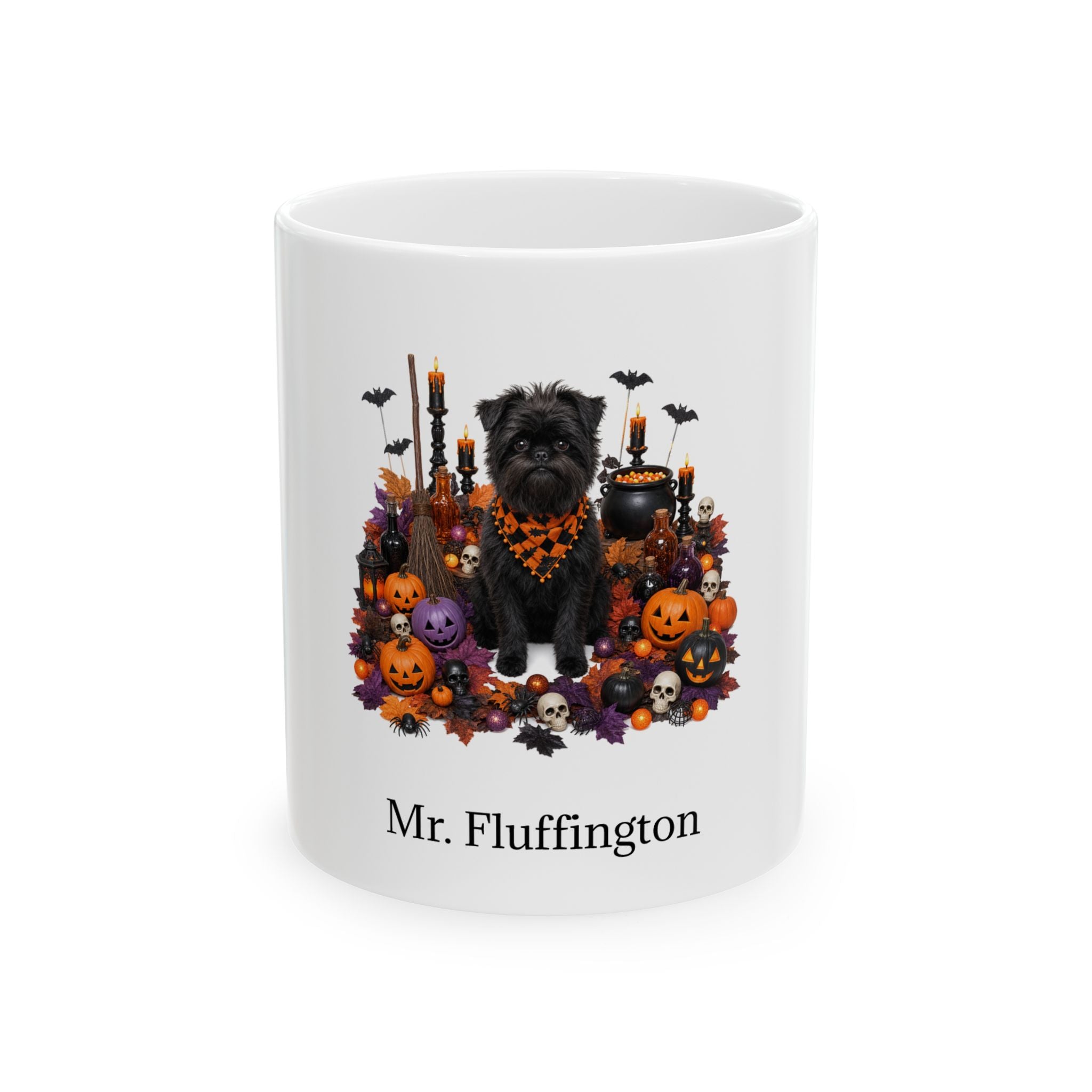 Personalized Affenpinscher dog Halloween mug, 11oz white ceramic, with custom pet name on front