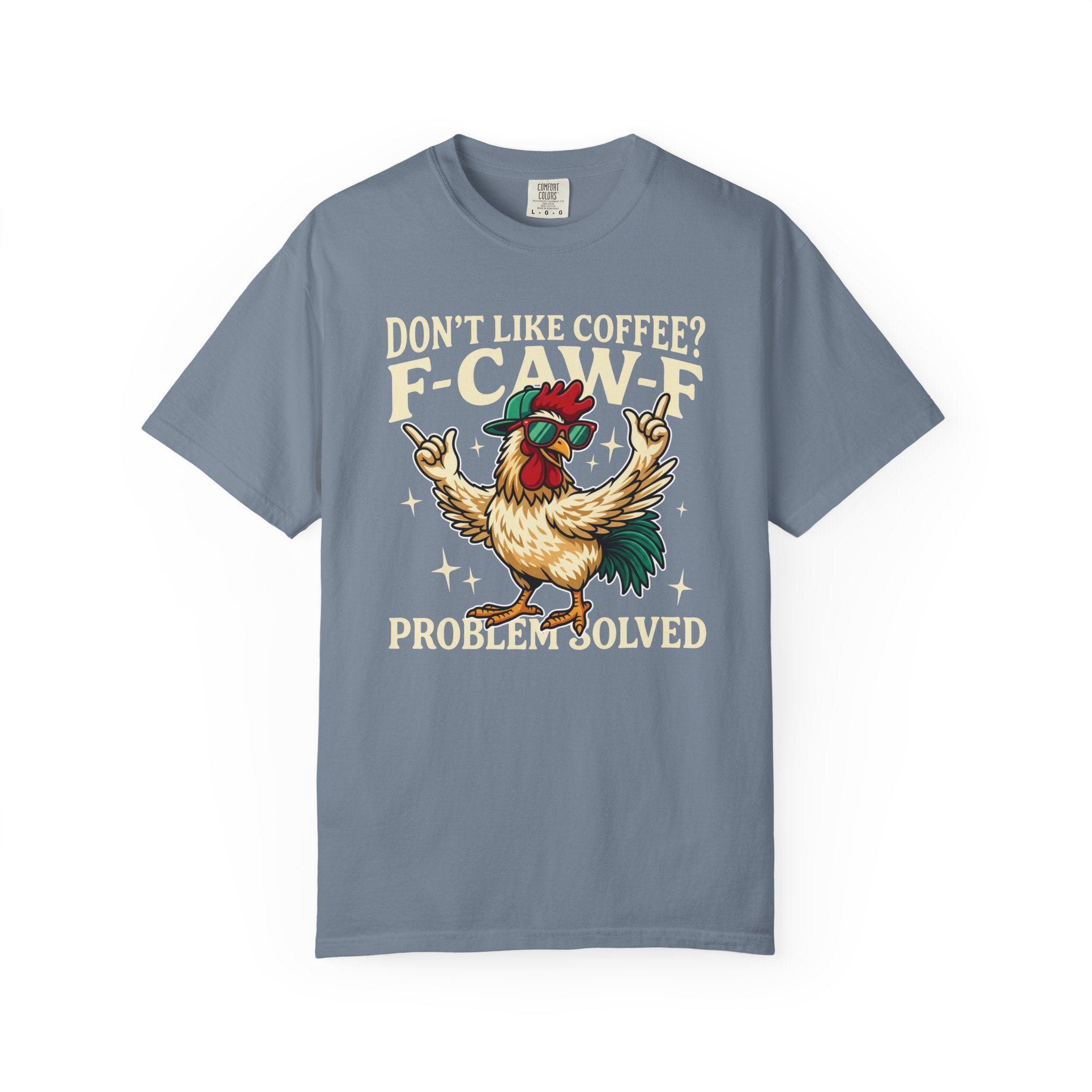 A blue crewneck t-shirt featuring a graphic of a cool rooster wearing sunglasses and a cap.