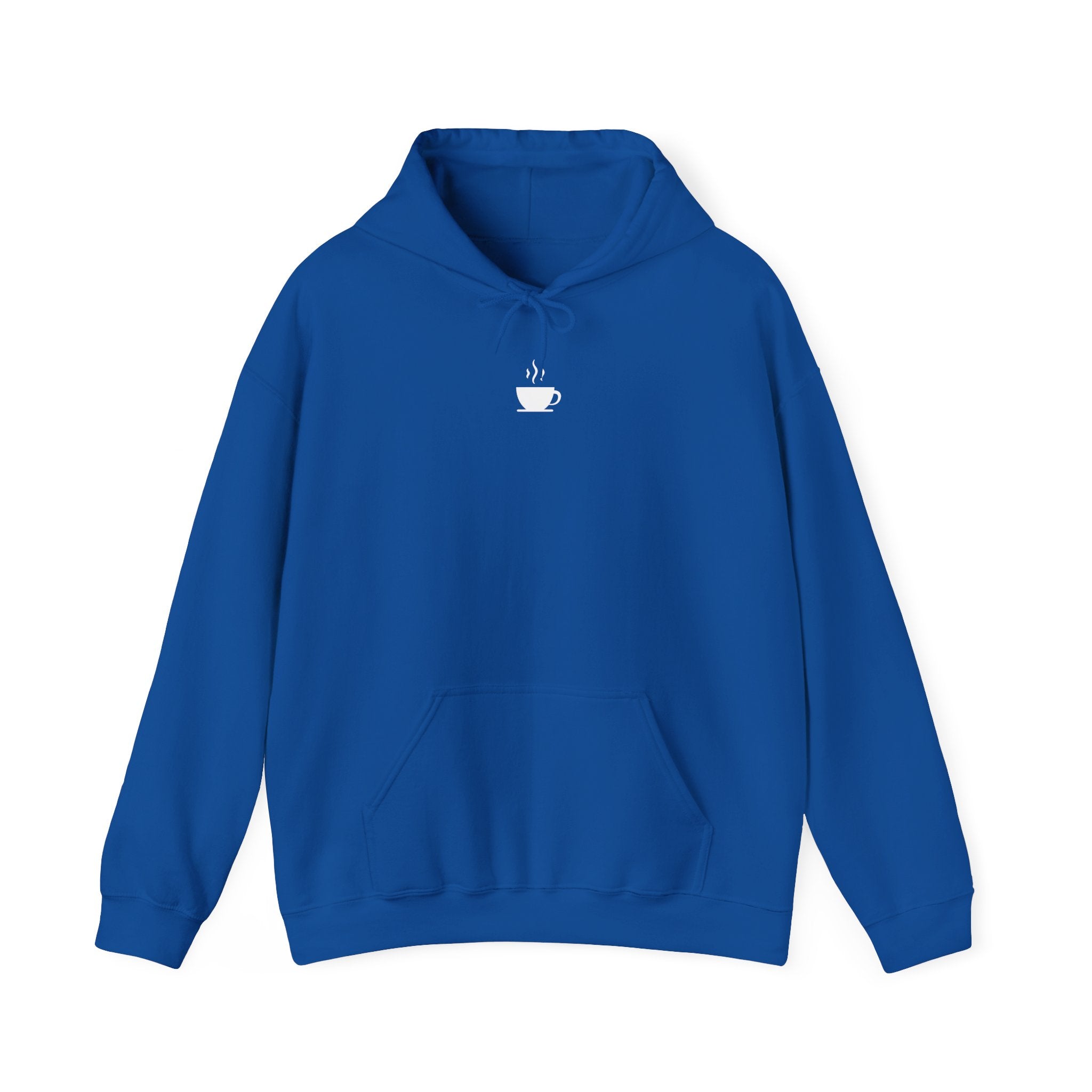 A royal blue pullover hoodie featuring a small white coffee cup icon on the chest.