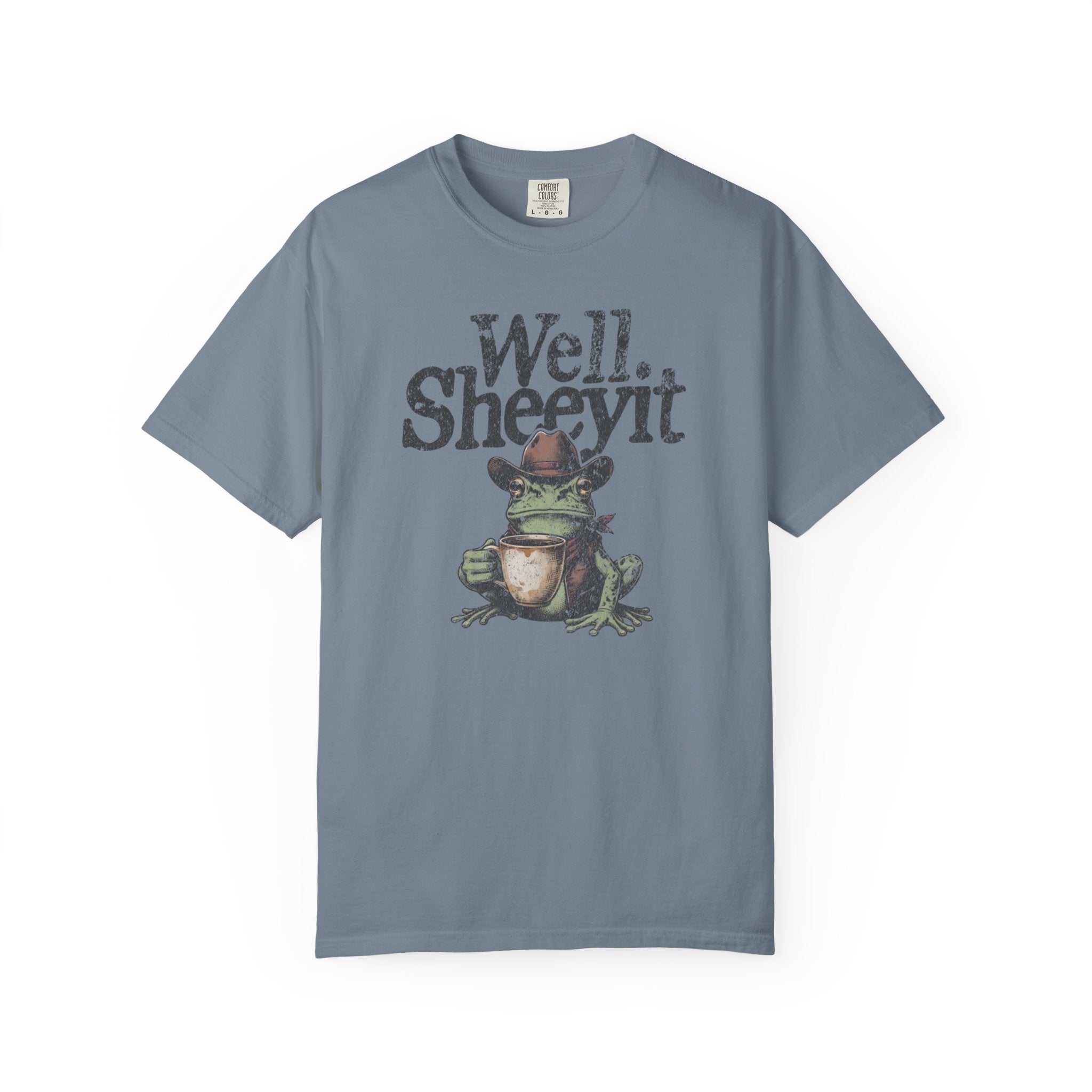 Blue-grey unisex t-shirt featuring a graphic of a cowboy frog holding a coffee mug.
