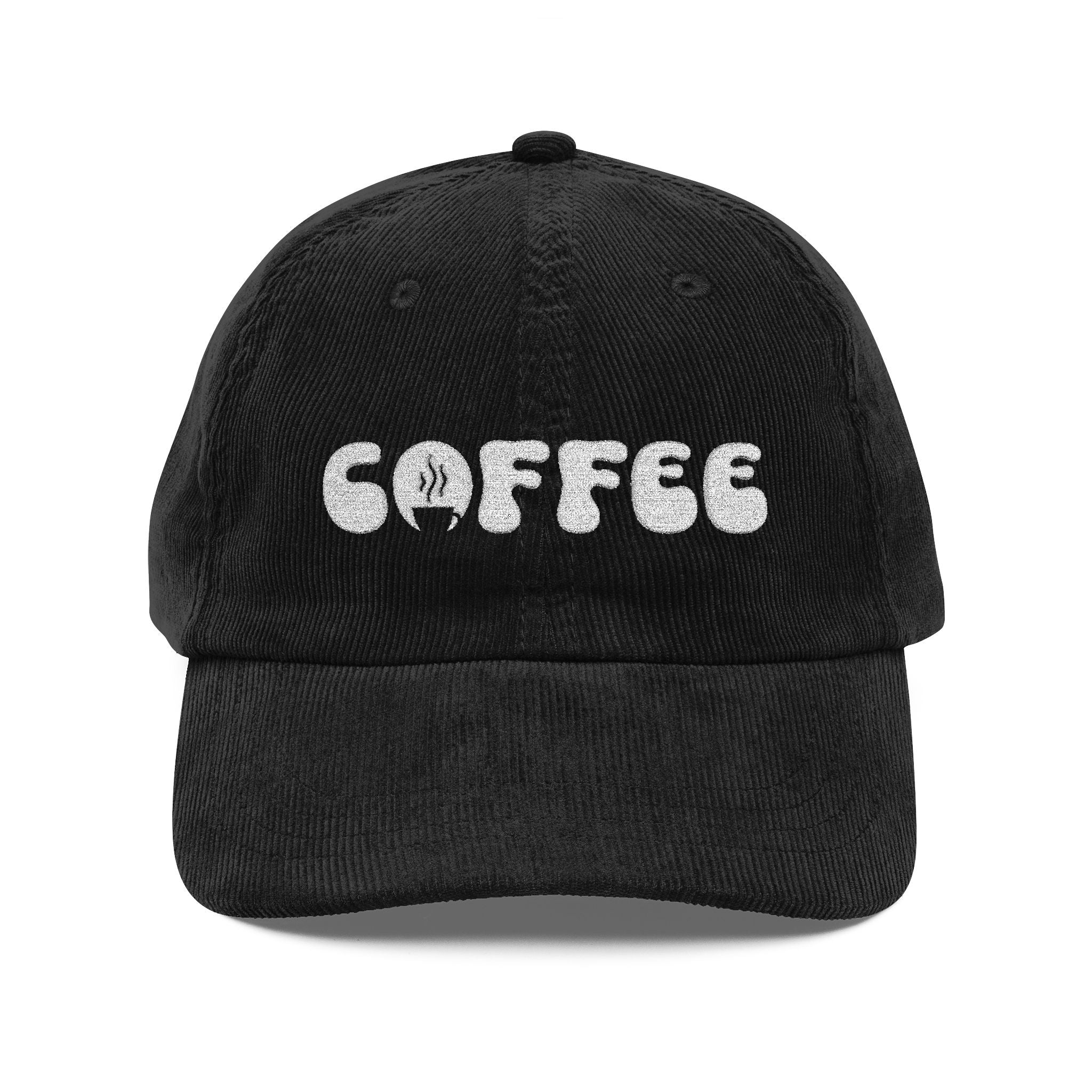 A black corduroy dad hat with the word COFFEE embroidered in white on the front.