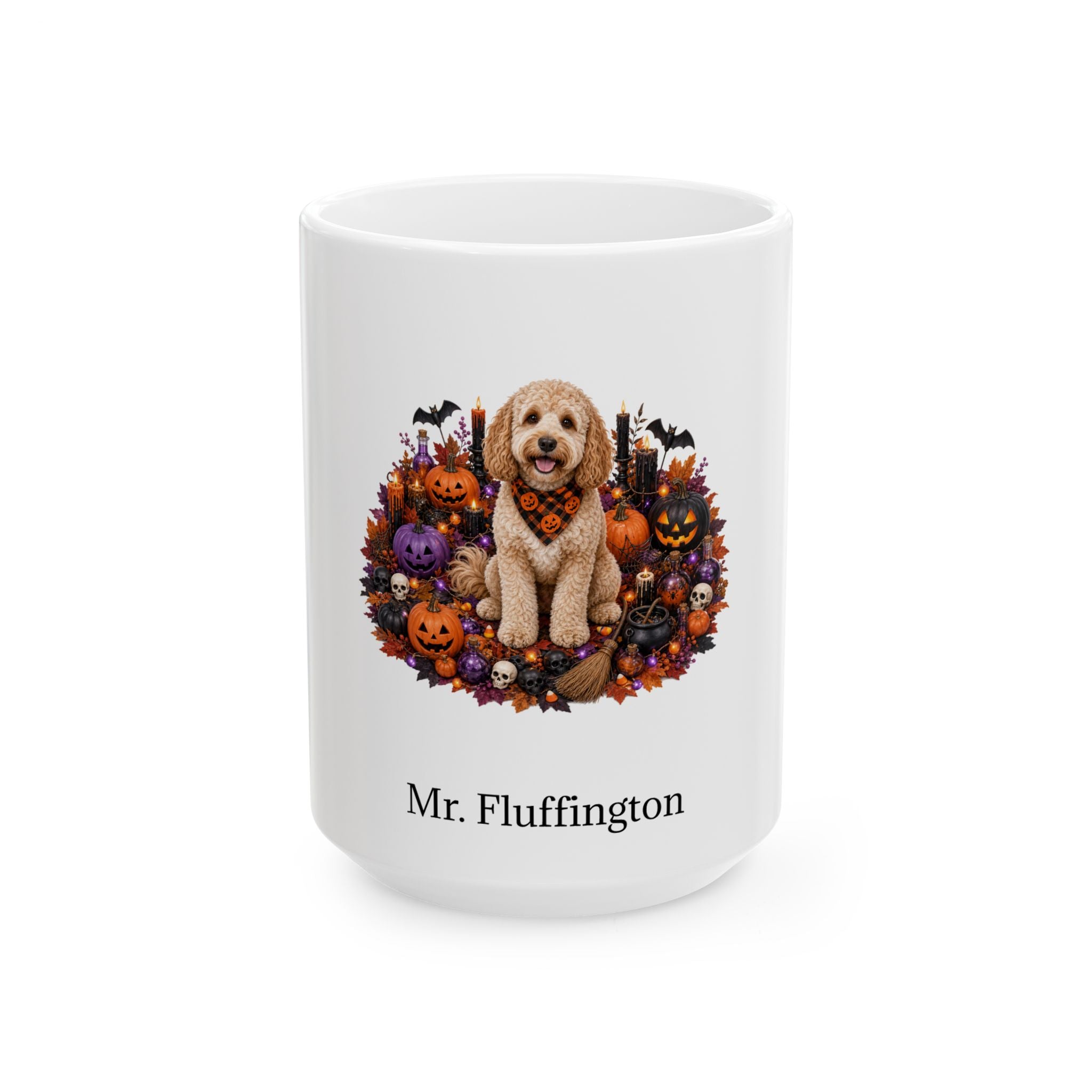Personalized Cockapoo dog Halloween mug, 15oz white ceramic, with custom pet name on front