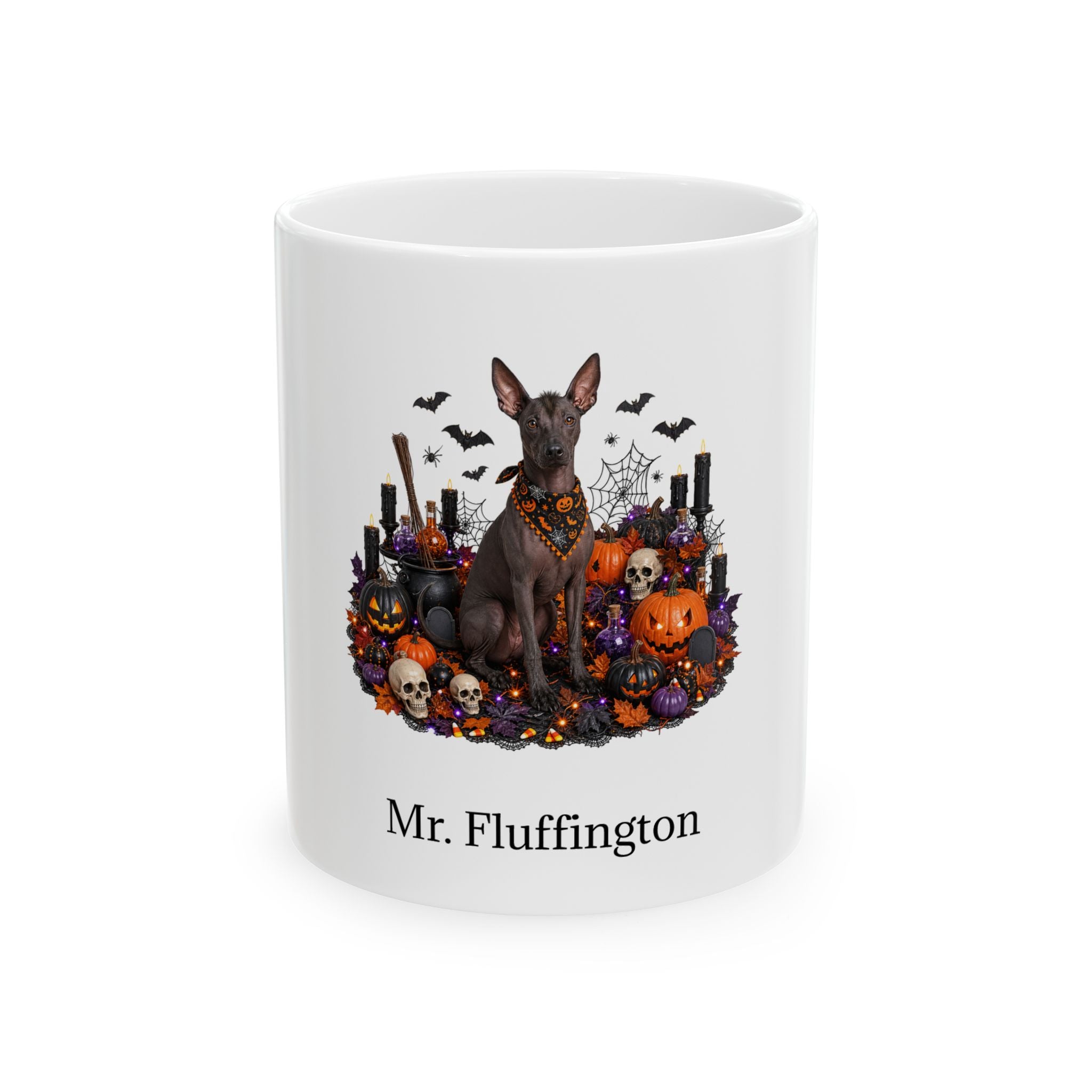 Personalized Xoloitzcuintli dog Halloween mug, 11oz white ceramic, with custom pet name on front