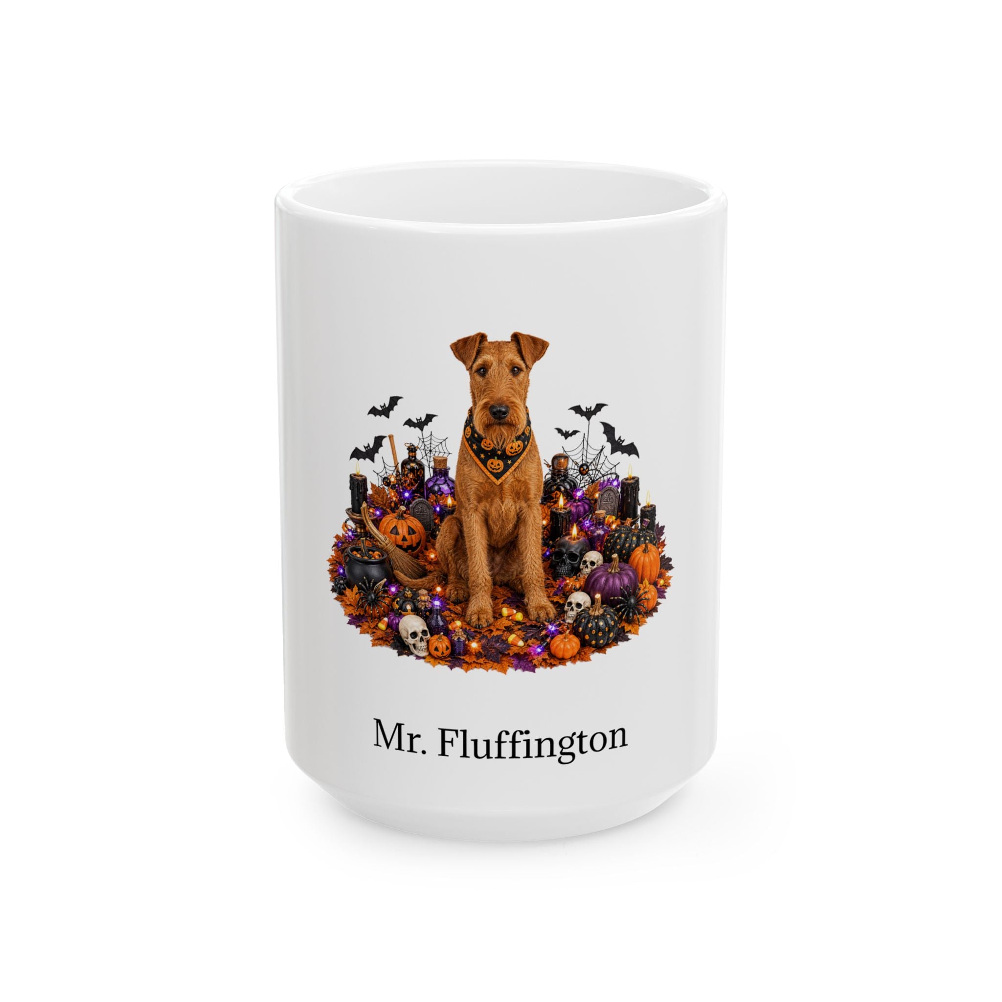 Personalized Irish Terrier dog Halloween mug, 15oz white ceramic, with custom pet name on front