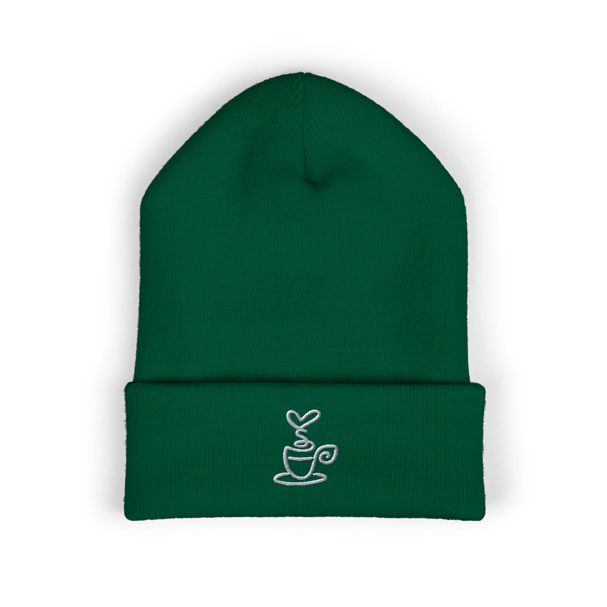 Embroidered coffee cup cuffed beanie in dark green.