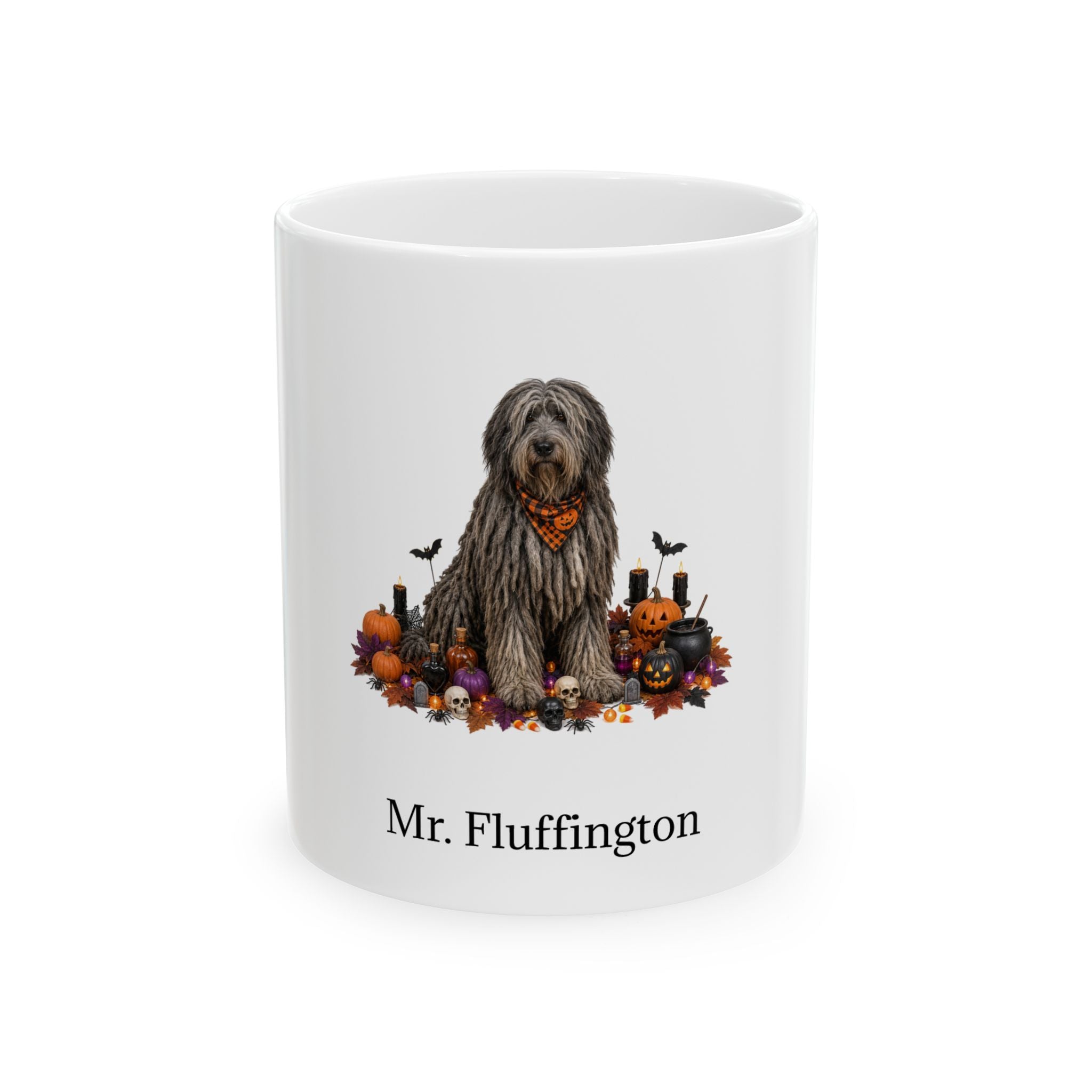 Personalized Bergamasco dog Halloween mug, 11oz white ceramic, with custom pet name on front
