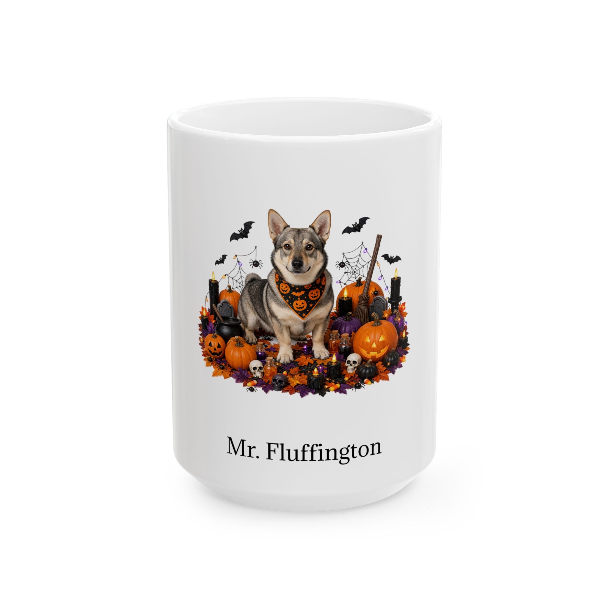 Personalized Swedish Vallhund dog Halloween mug, 15oz white ceramic, with custom pet name on front