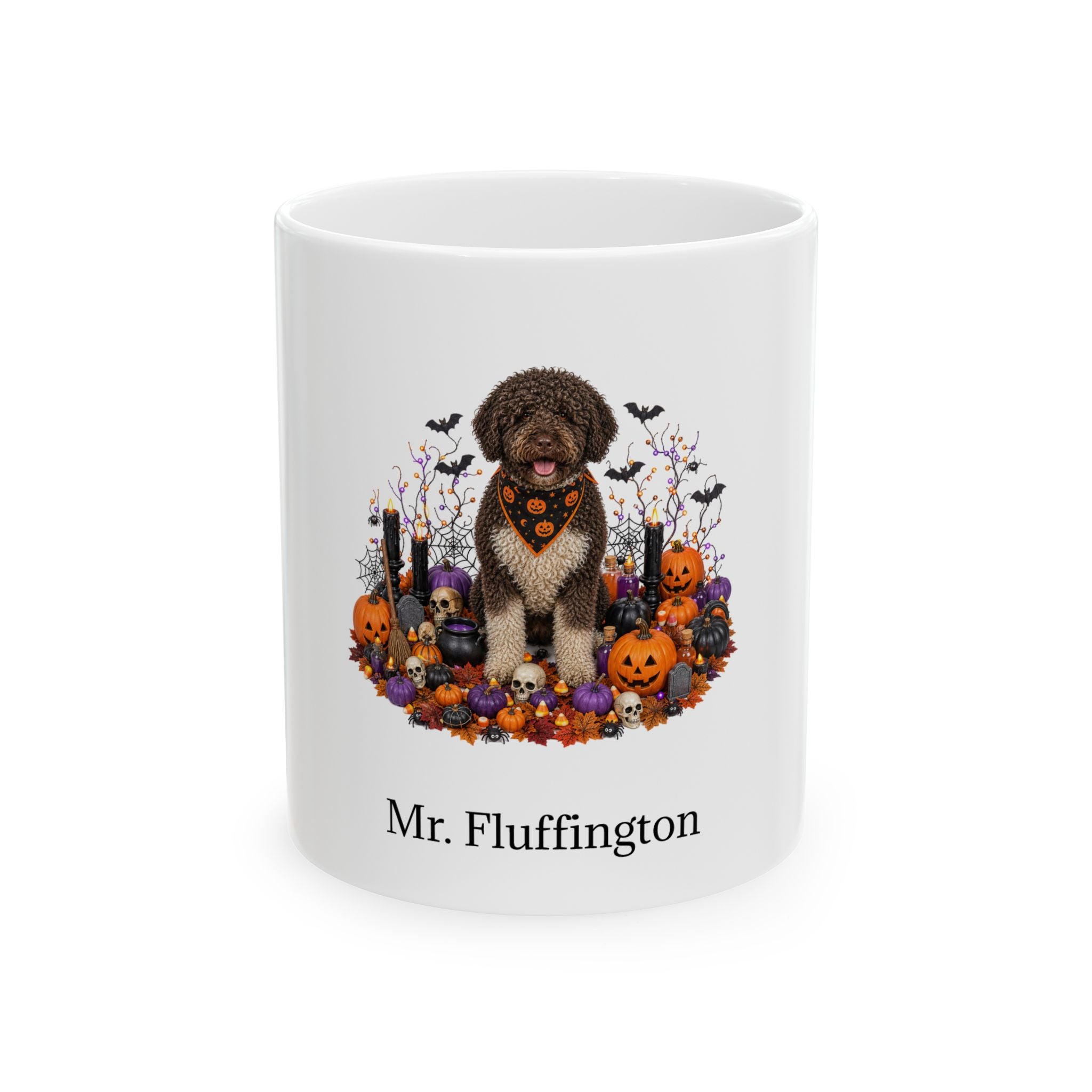 Personalized Spanish Water dog Halloween mug, 11oz white ceramic, with custom pet name on front