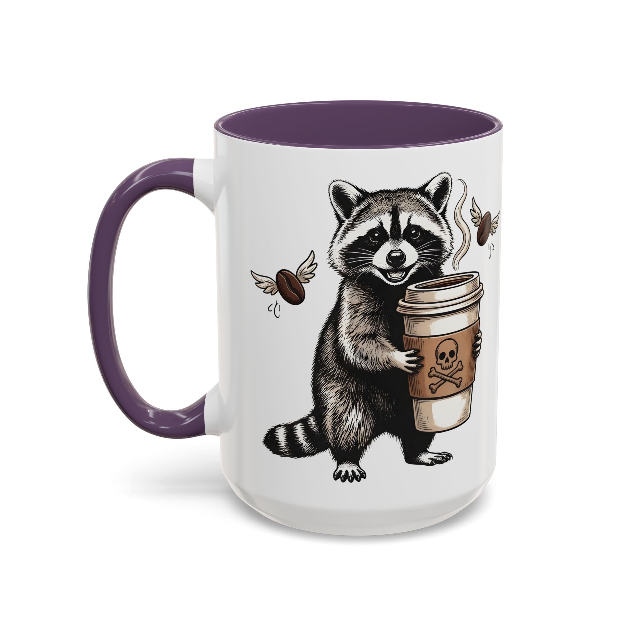 White ceramic mug with a purple handle and interior, featuring a raccoon holding a coffee cup.