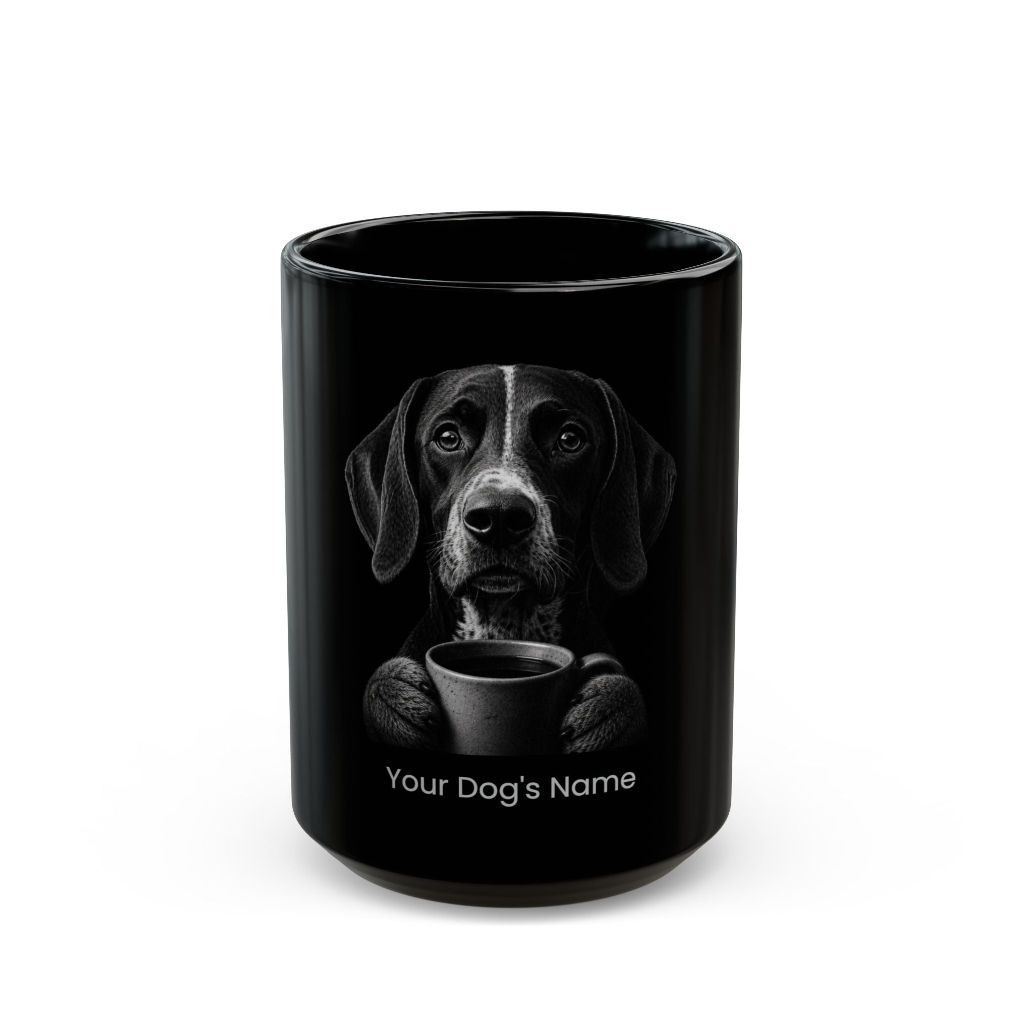 Personalized Swiss Hound black ceramic coffee mug with custom dog name