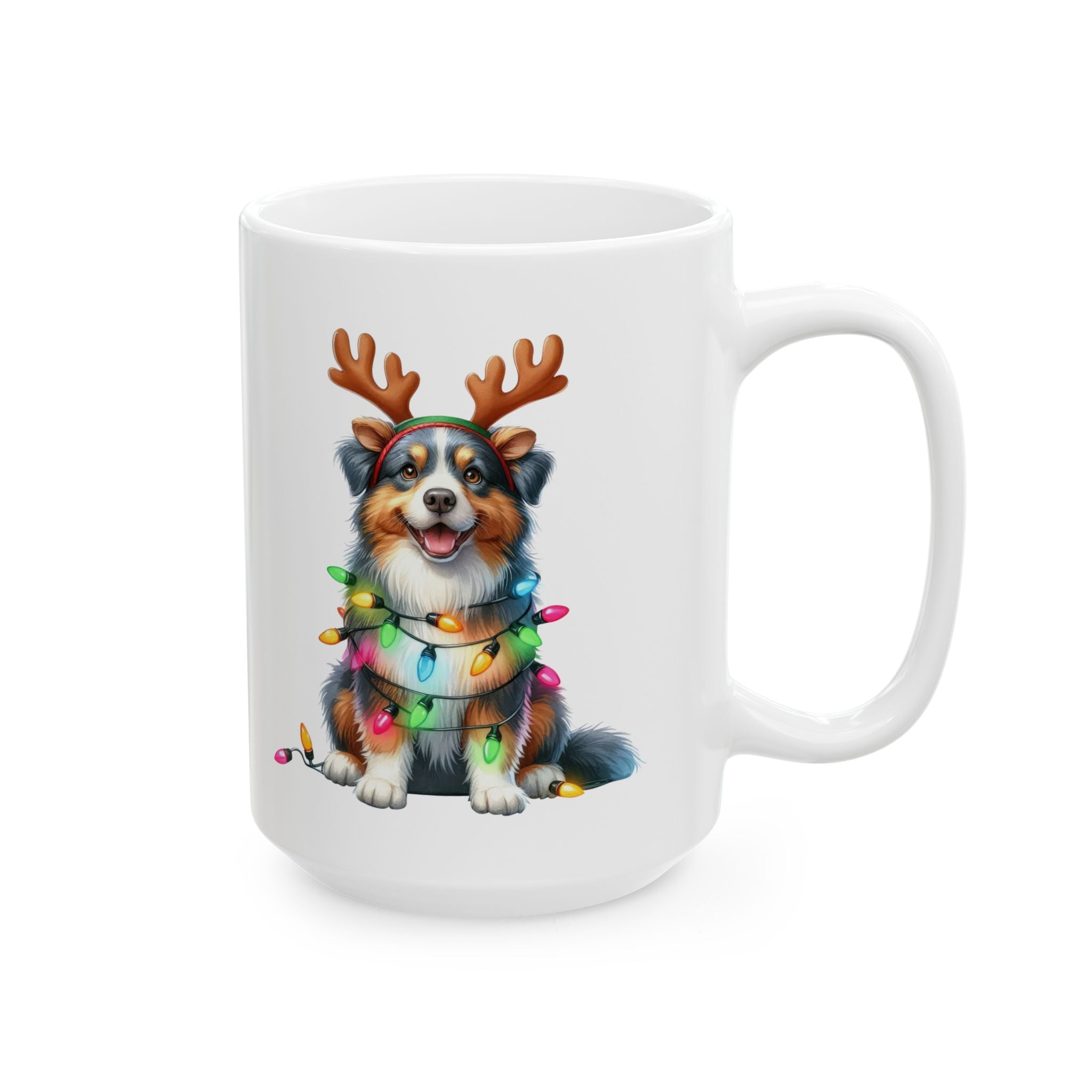 White ceramic mug with an Australian Shepherd wearing reindeer antlers and Christmas lights.
