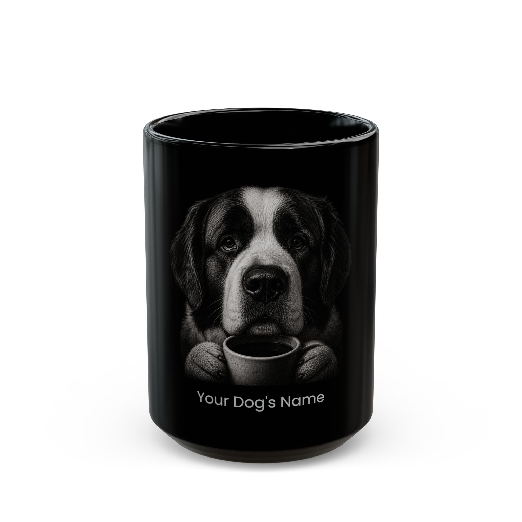 Personalized Saint Bernard black ceramic coffee mug with custom dog name