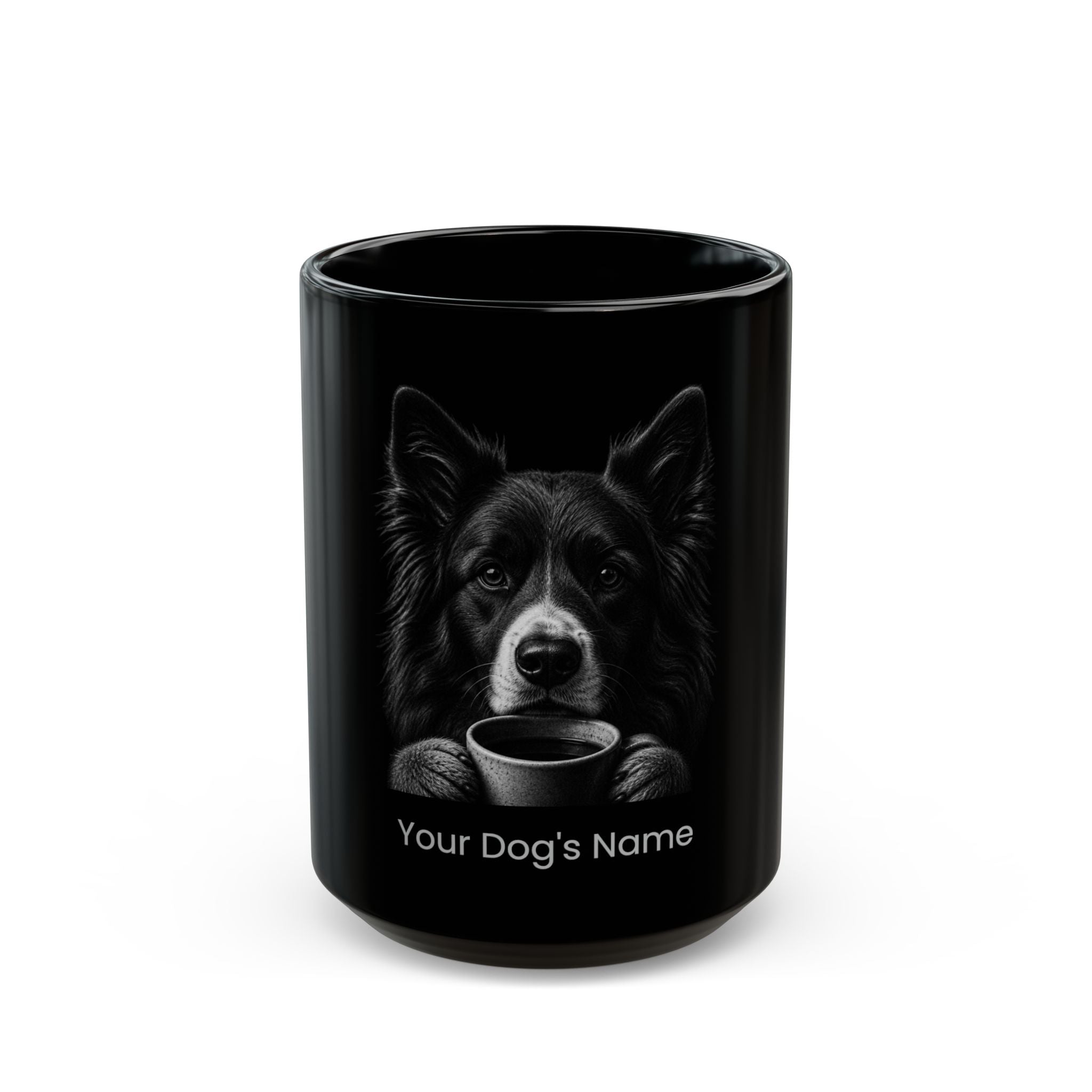 Personalized Elo Dog black ceramic coffee mug with custom dog name