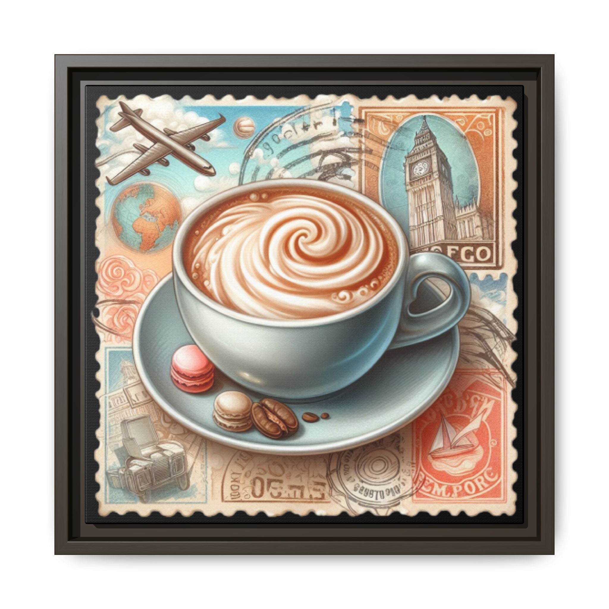 Vintage Coffee Stamp Framed Canvas Art | 14x14 Matte Wall Decor