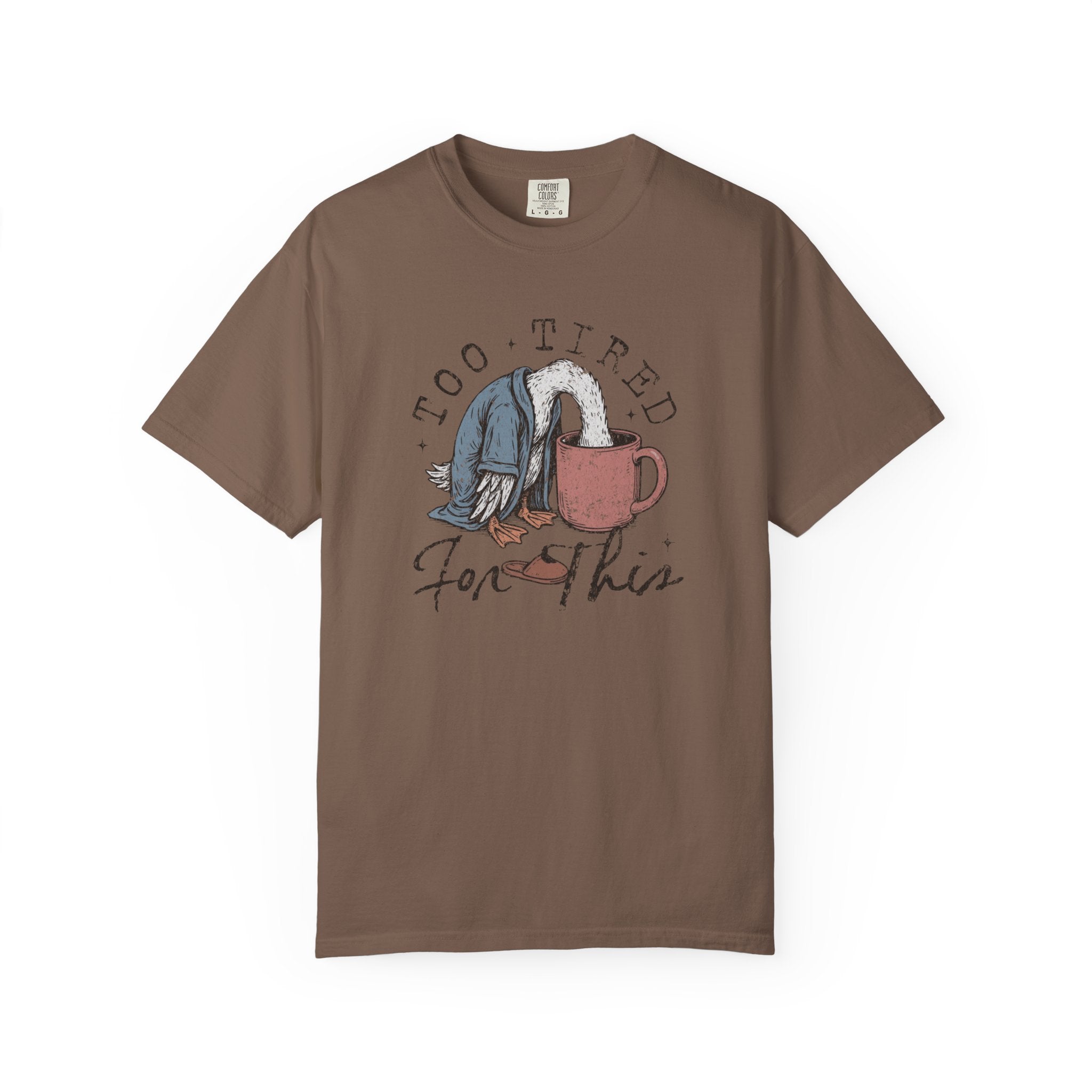 Brown unisex t-shirt featuring a graphic of a duck with its head in a coffee mug.