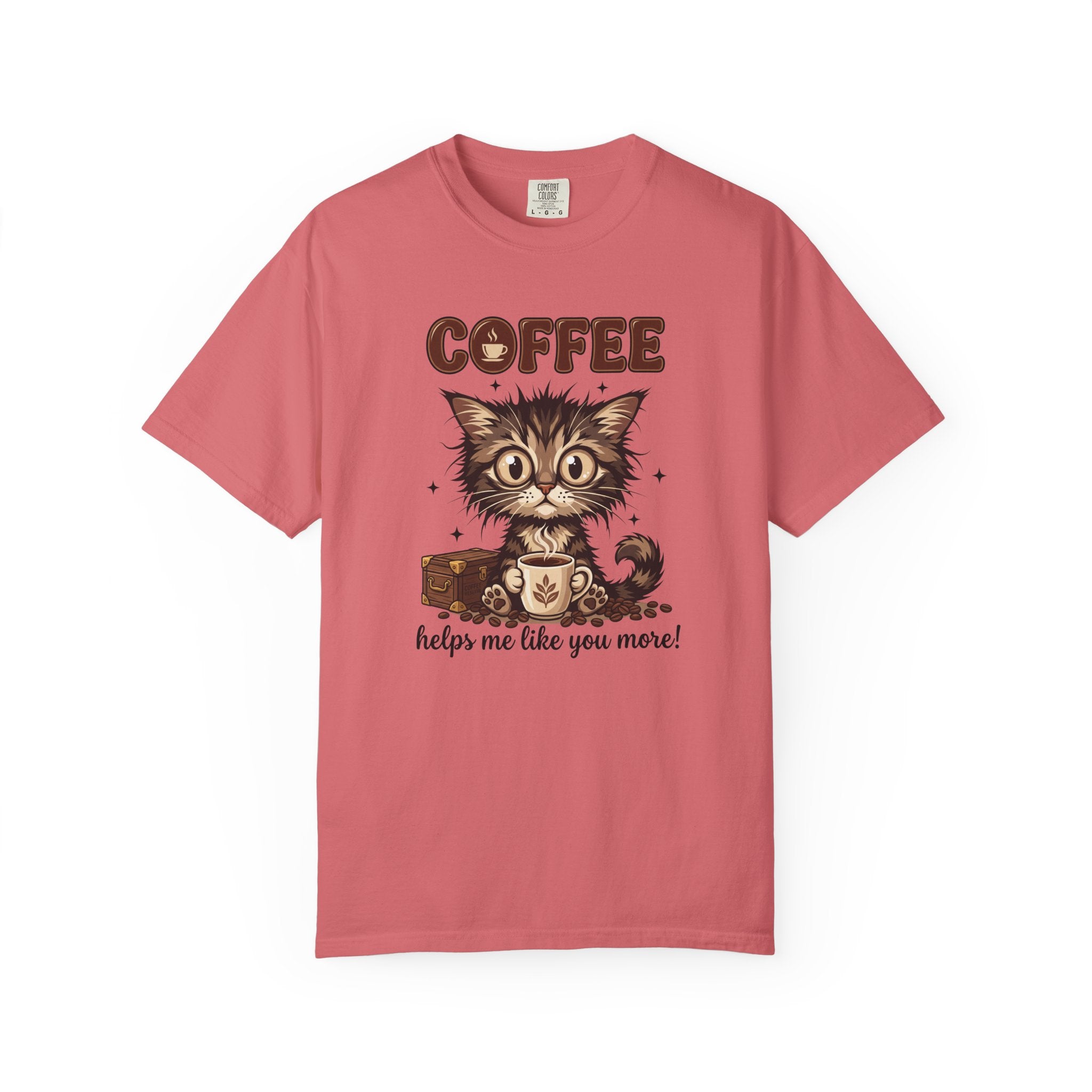 A pink unisex cotton t-shirt featuring a cute kitten holding a coffee mug with text.