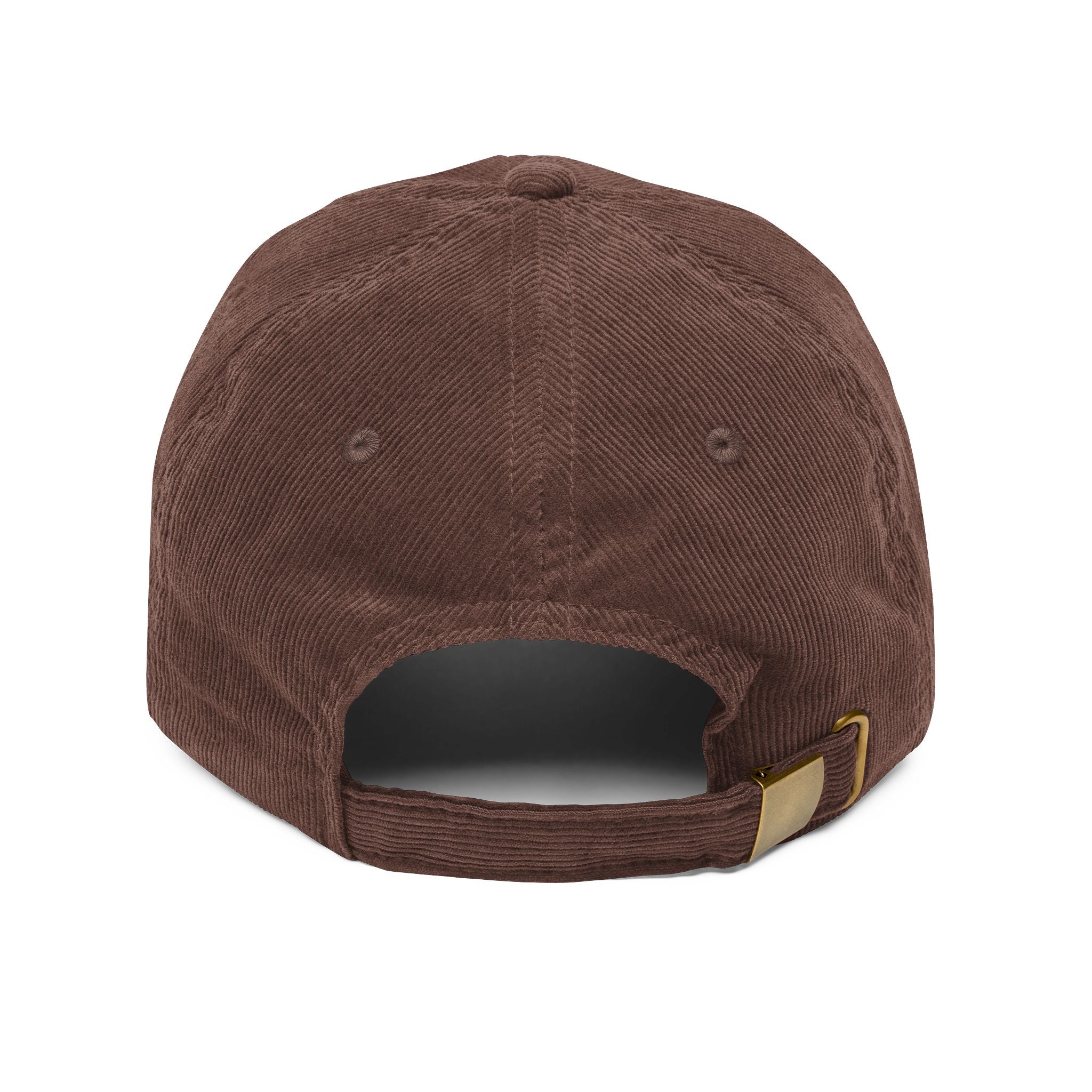 Back view of a brown corduroy baseball cap with an adjustable gold metal buckle strap.