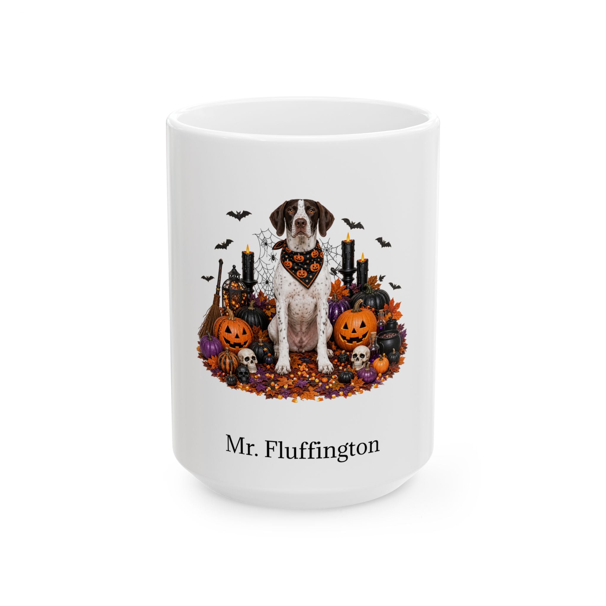 Personalized Pointer dog Halloween mug, 15oz white ceramic, with custom pet name on front