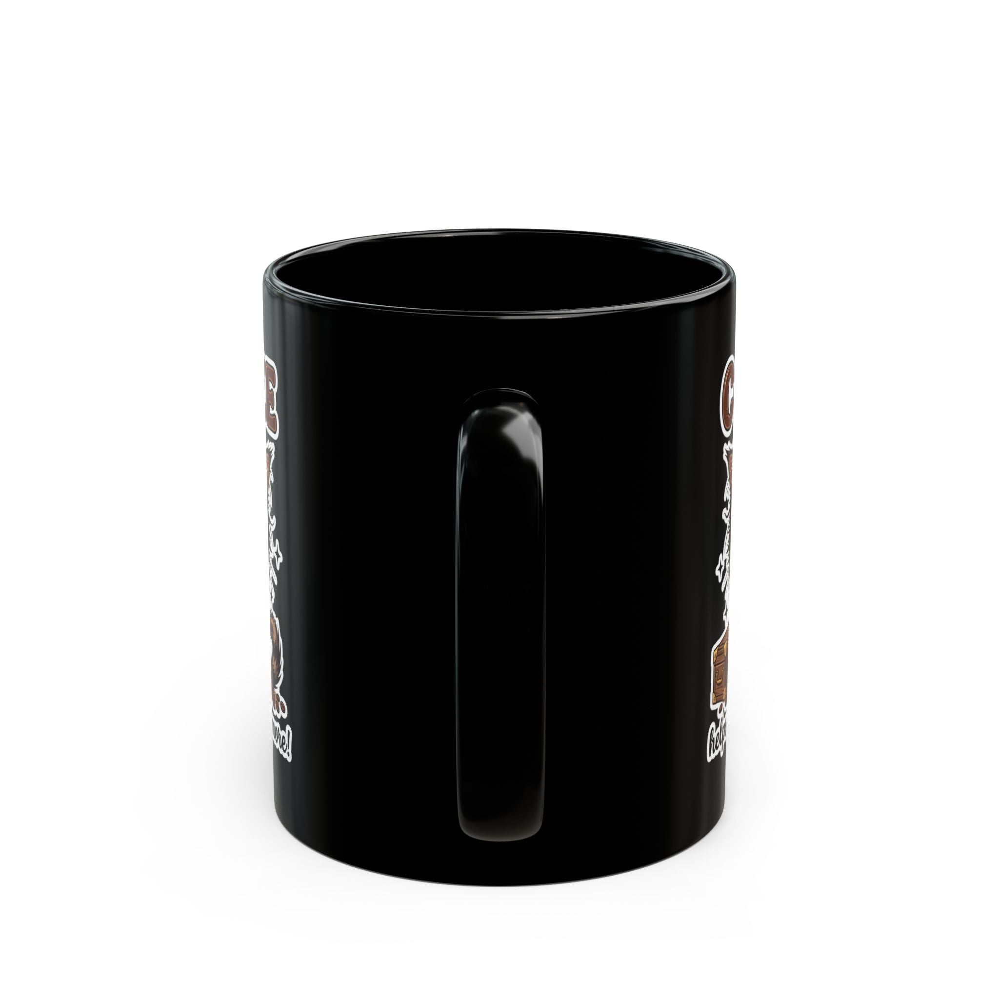 A black ceramic mug featuring a cat-themed design on the side, viewed from the handle side.