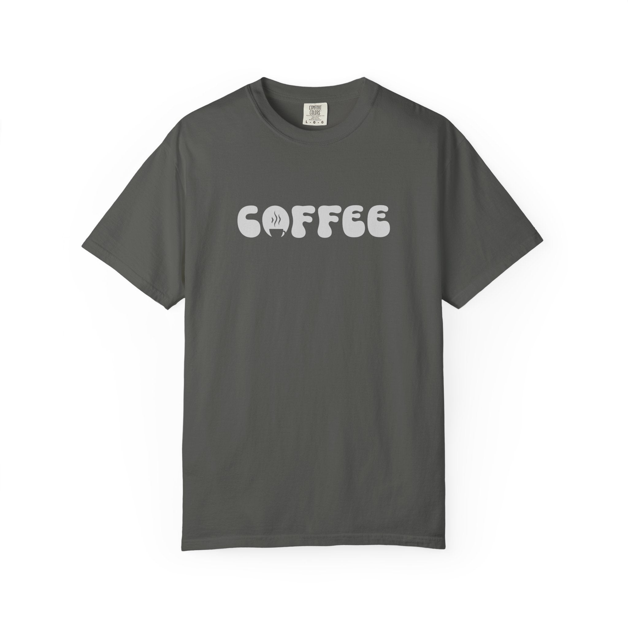 A charcoal grey short-sleeve t-shirt featuring the word COFFEE in a white retro bubble font.