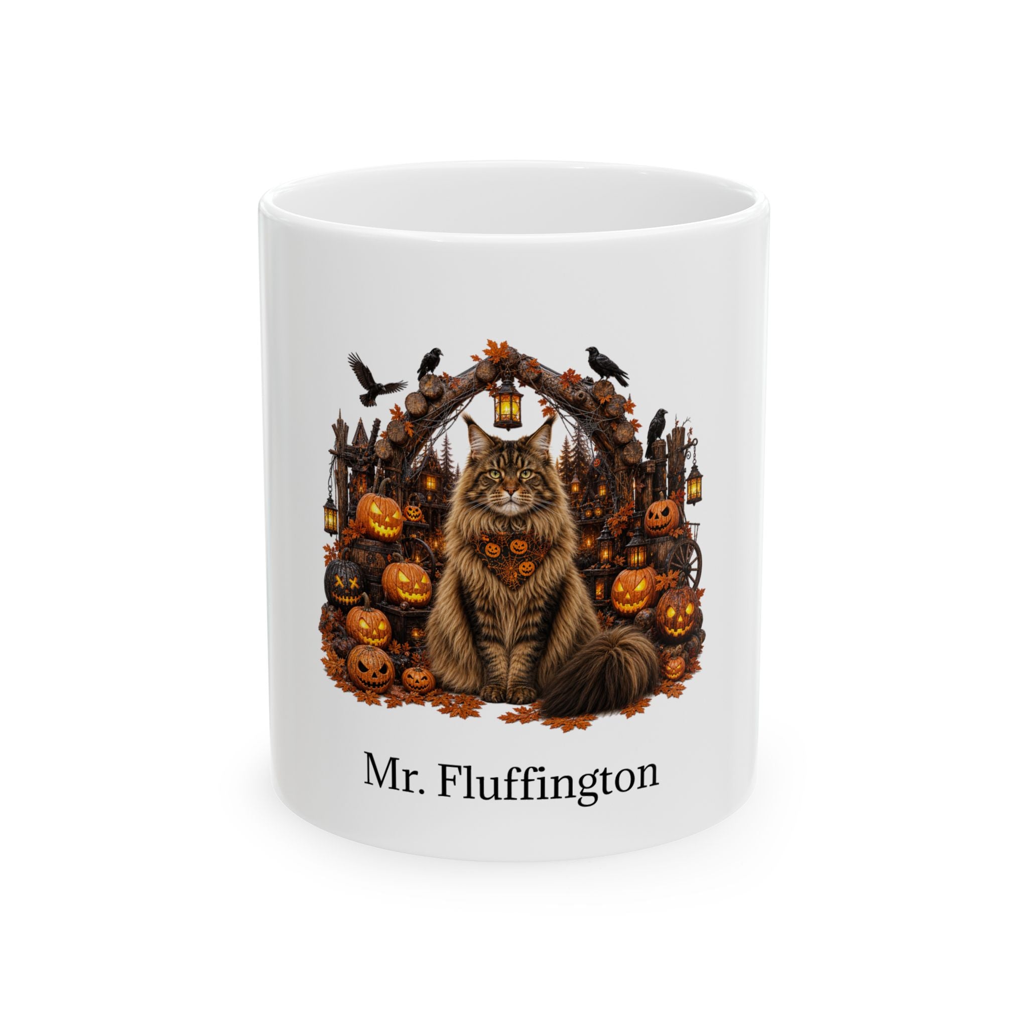 Personalized Maine Coon cat Halloween mug, 11oz white ceramic, with custom pet name on front
