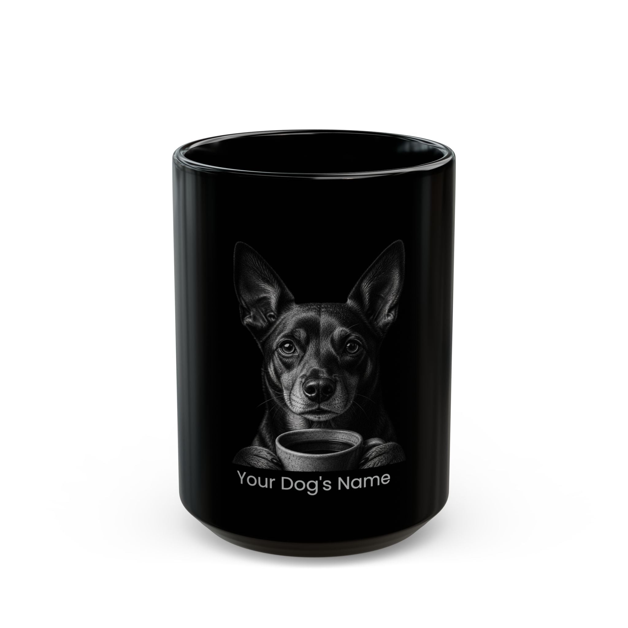 Personalized Kelpie black ceramic coffee mug with custom dog name