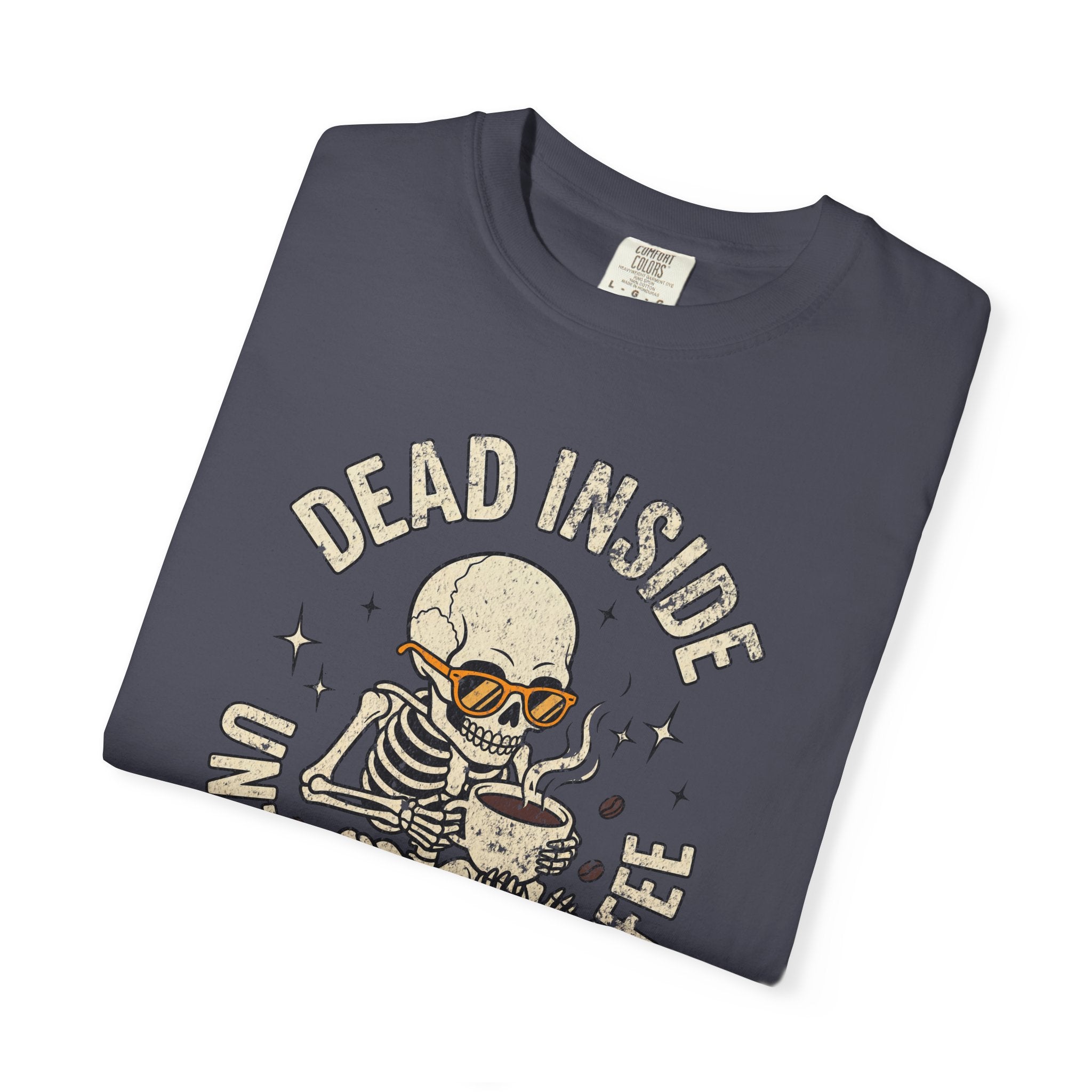 Dark grey t-shirt with a distressed graphic of a skeleton wearing sunglasses drinking coffee.