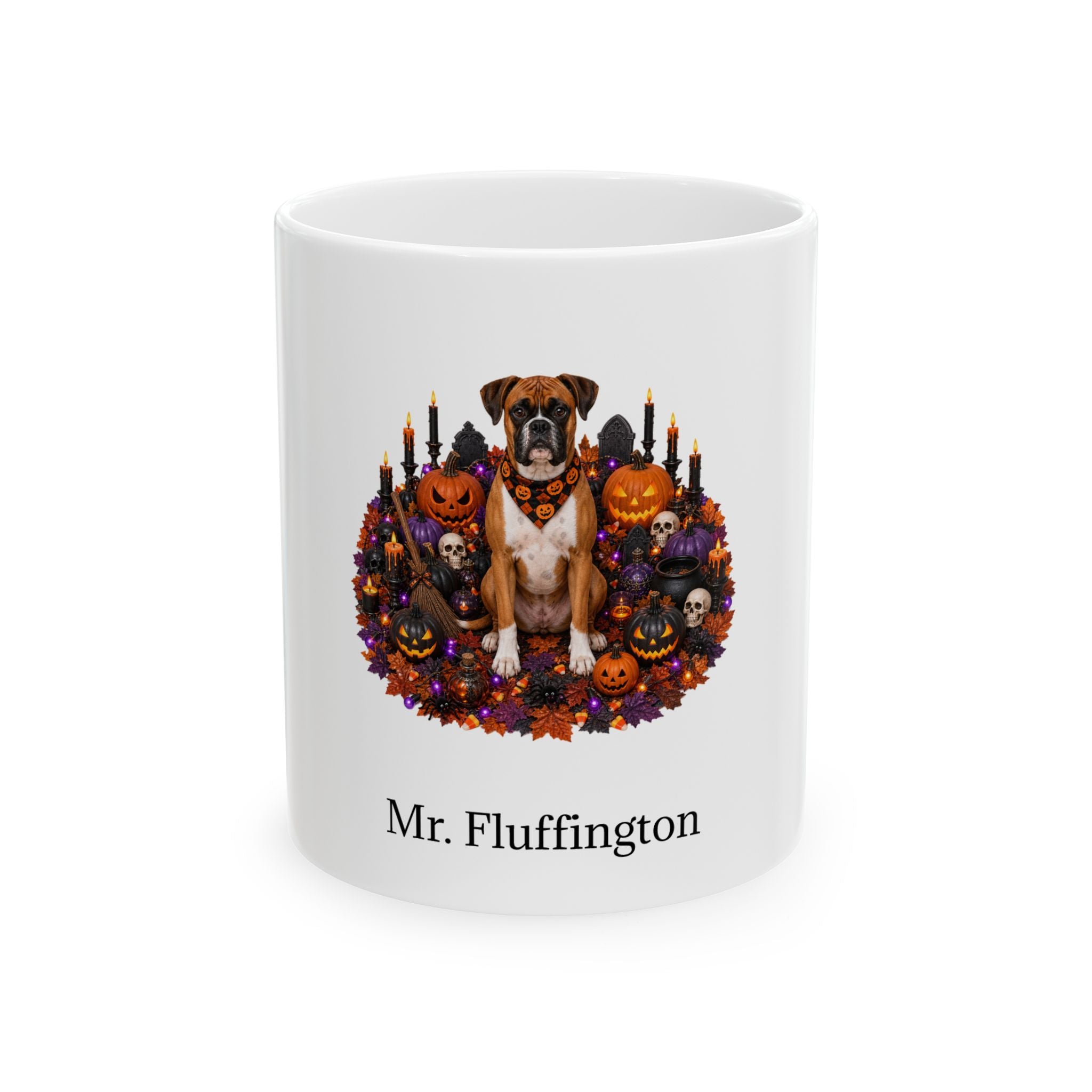 Personalized Boxer dog Halloween mug, 11oz white ceramic, with custom pet name on front