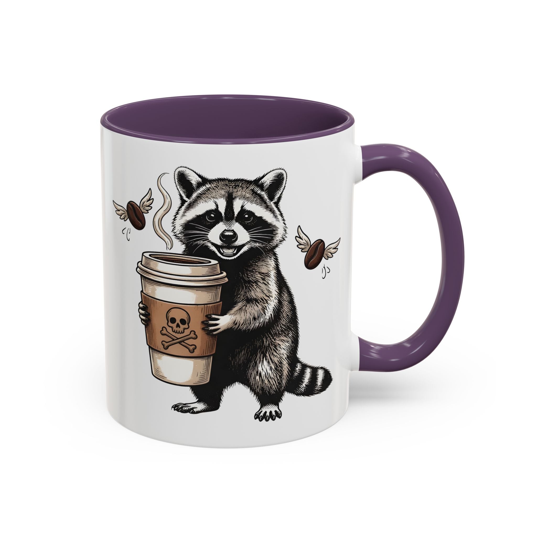 White ceramic mug with a purple handle and interior, featuring a raccoon holding a coffee cup.